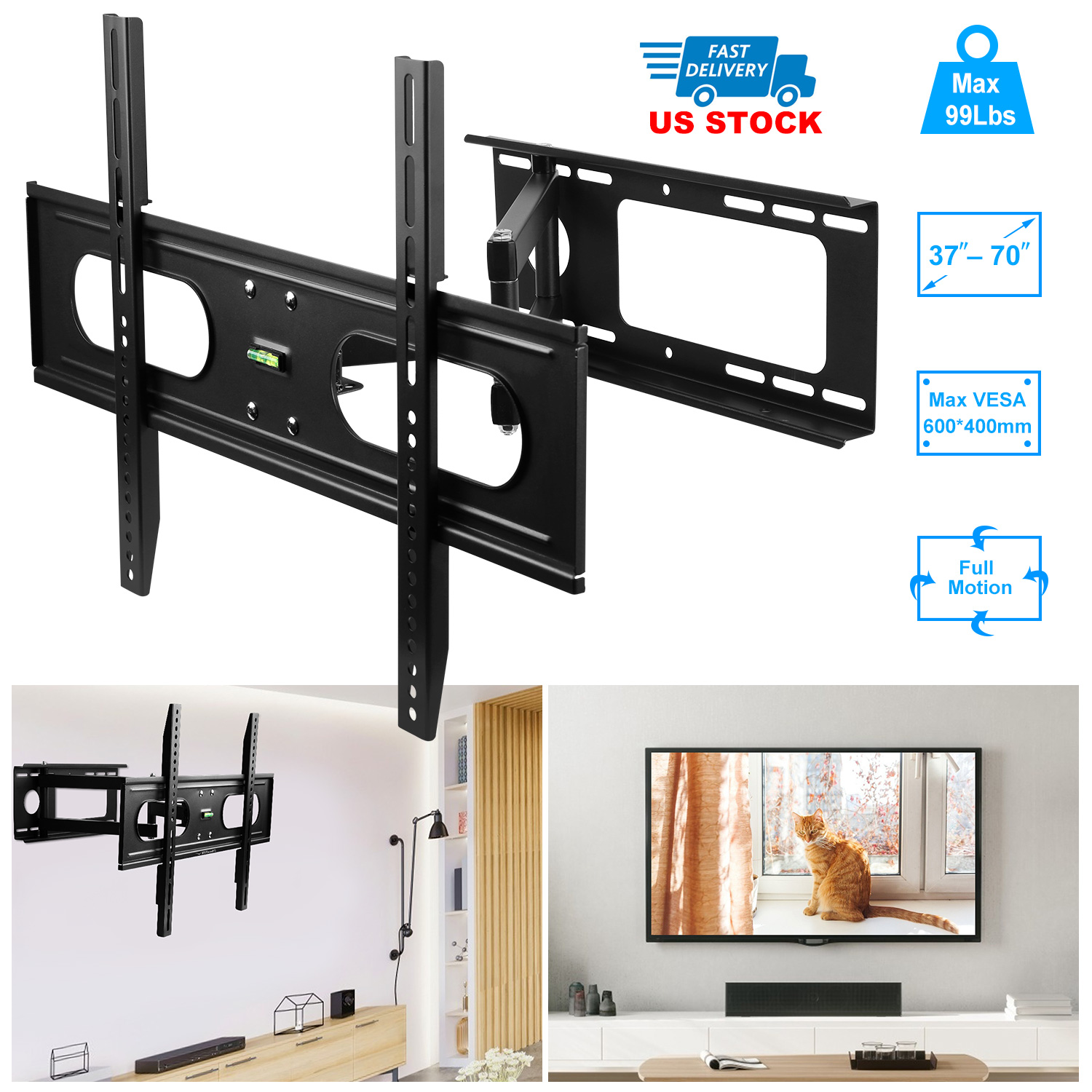 Full Motion TV Wall Mount Swivel Tilt TV Wall Rack Support 37-70 TV Wall Mount Max VESA Up To 600x400mm Holds Up To 99LBS thumbnail 3