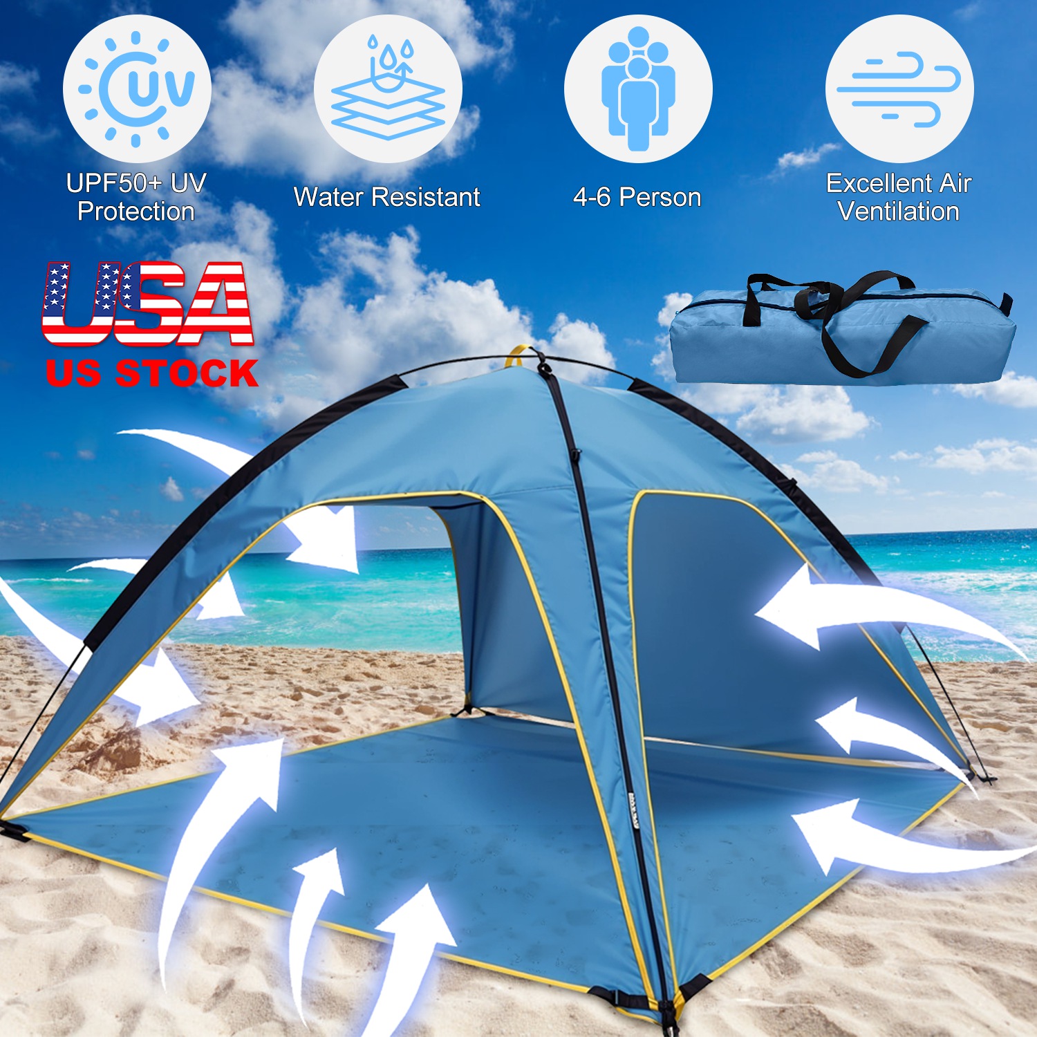 Beach Tent Outdoor Waterproof Tent Canopy for 4-6 Person with 3 Door Openings Carrying Bag UPF50+ Easy Setup for Beach Picnic Camping Hiking Adventure thumbnail 3
