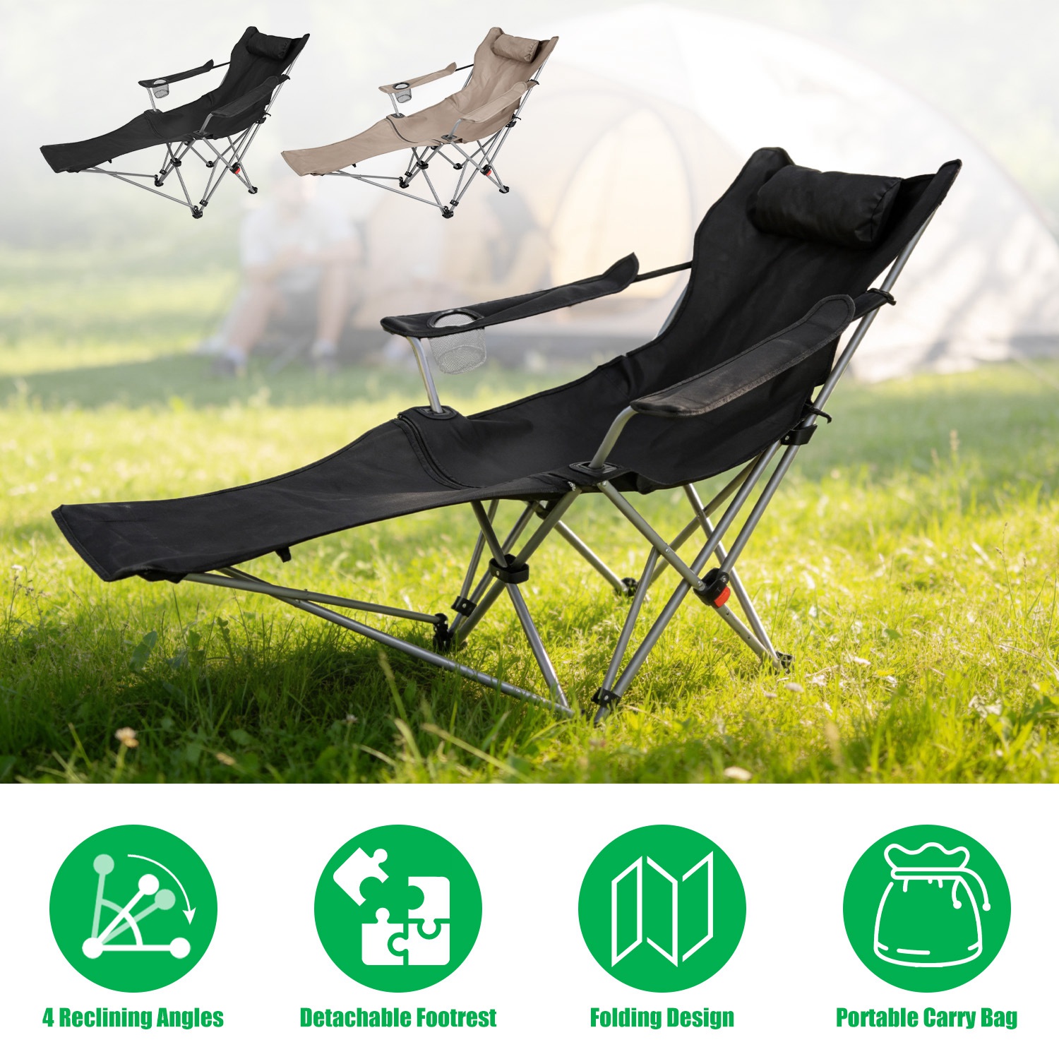 Reclining Camping Chair with Footrest 4-Position Adjustable Outdoor Folding Chair Heavy Duty Portable Camping Lounge Chair with Headrest Cup Holder & thumbnail 3