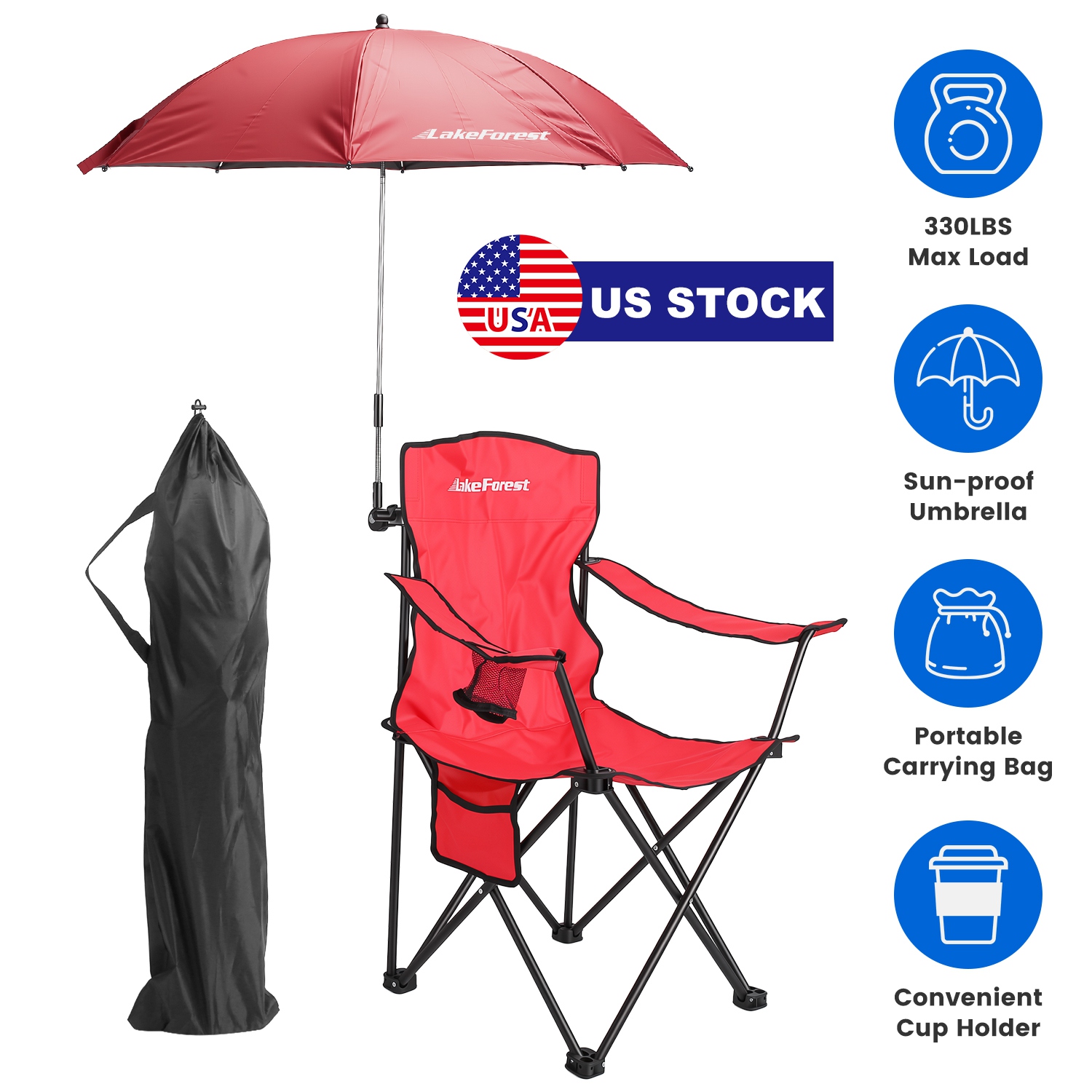 Camping Chair with Umbrella Lightweight Foldable Outdoor Chair with Cup Holder Detachable Sun Canopy Carrying Bag 330LBS Max Load for Beach Picnic Tra thumbnail 3