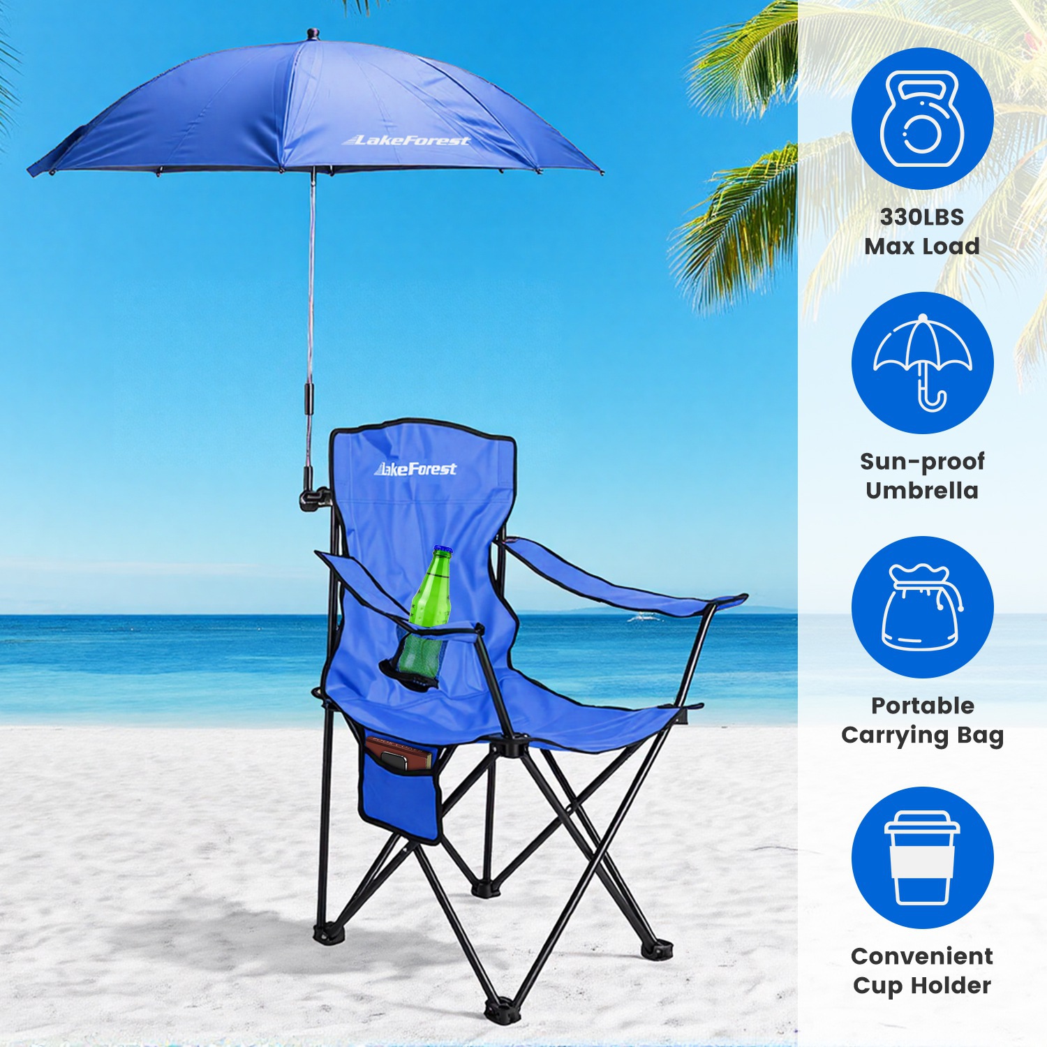 Camping Chair with Umbrella Lightweight Foldable Outdoor Chair with Cup Holder Detachable Sun Canopy Carrying Bag 330LBS Max Load for Beach Picnic Tra thumbnail 3