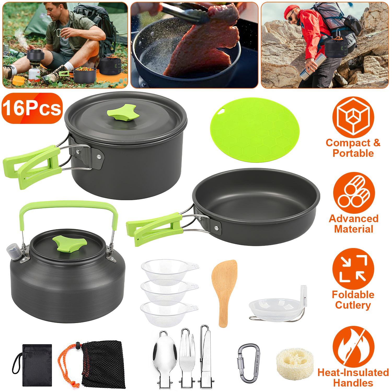 16Pcs Camping Cooking Ware Set Camping Stove Cookware Kit Aluminum Pot Pan Kettle Set with Bowls Knife Fork Spoon Carabiner Spatula Cutting Board for thumbnail 3