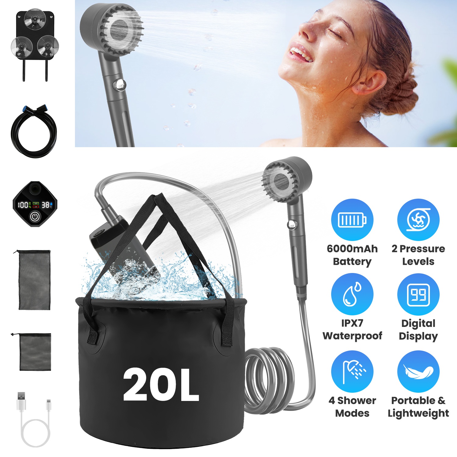 Portable Shower for Camping Include IPX7 Waterproof 6000mAh Rechargeable Shower Pump Filtered Shower Head 5.3Gallon Foldable Bucket For Hiking Beach T thumbnail 3