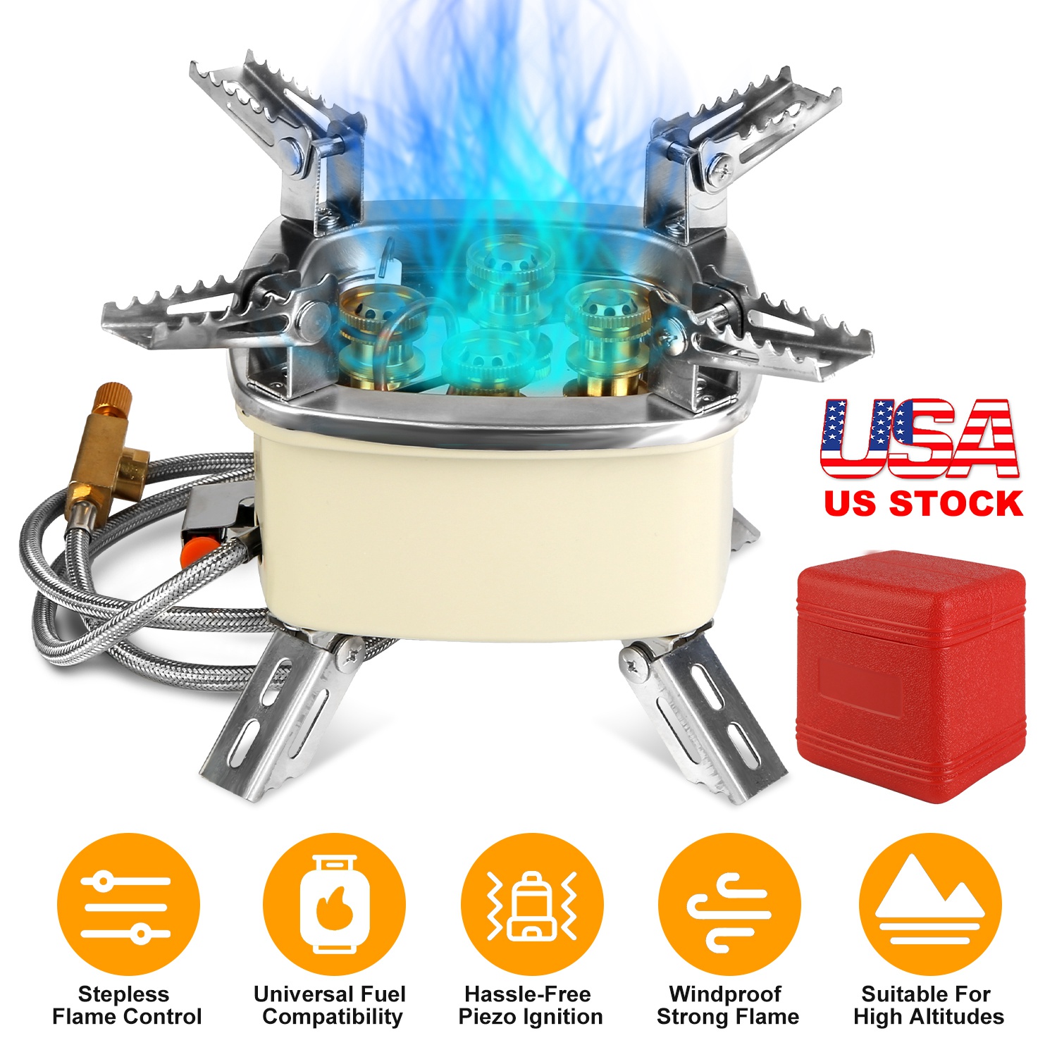 13000W Portable Windproof Camping Stove Five-head Gas Cooking Burner with Piezo Ignition Stepless Flame Control Fit For ISO-butane, Propane, Butane Fu thumbnail 3