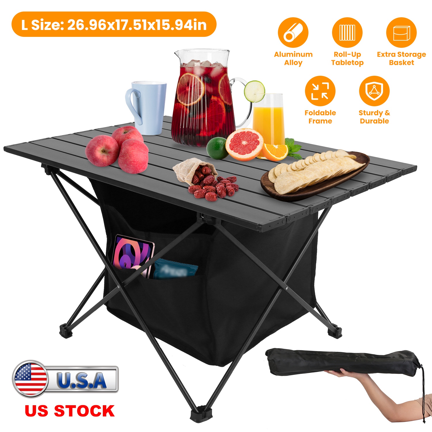 Foldable Camping Table With Storage Basket Rustproof Portable Aluminum Alloy Roll-Up Camping Table With Carrying Bag For Camping Hiking BBQ Picnic Fis thumbnail 3
