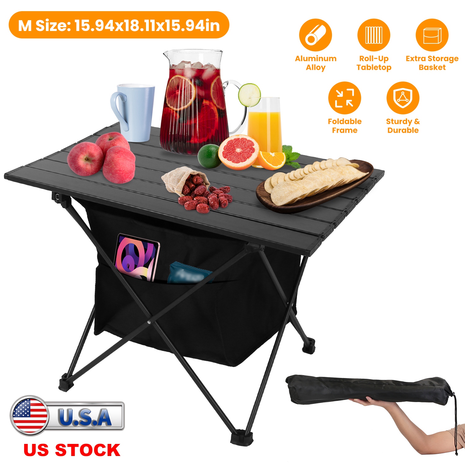 Foldable Camping Table With Storage Basket Rustproof Portable Aluminum Alloy Roll-Up Camping Table With Carrying Bag For Camping Hiking BBQ Picnic Fis thumbnail 3