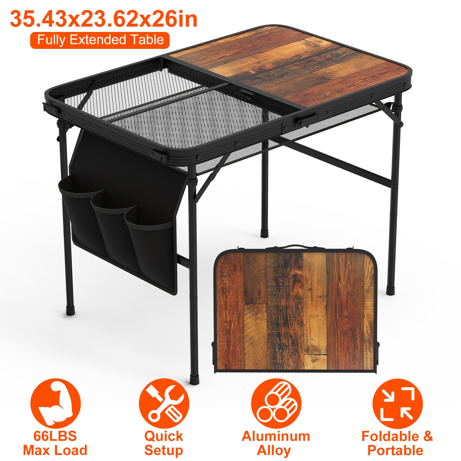 35.43x23.62x26in Foldable Camping Table Collapsible Picnic Aluminum Alloy Grill Stand 66LBS Max Load Height Adjustable BBQ Table with Adjustable Heigh thumbnail 3