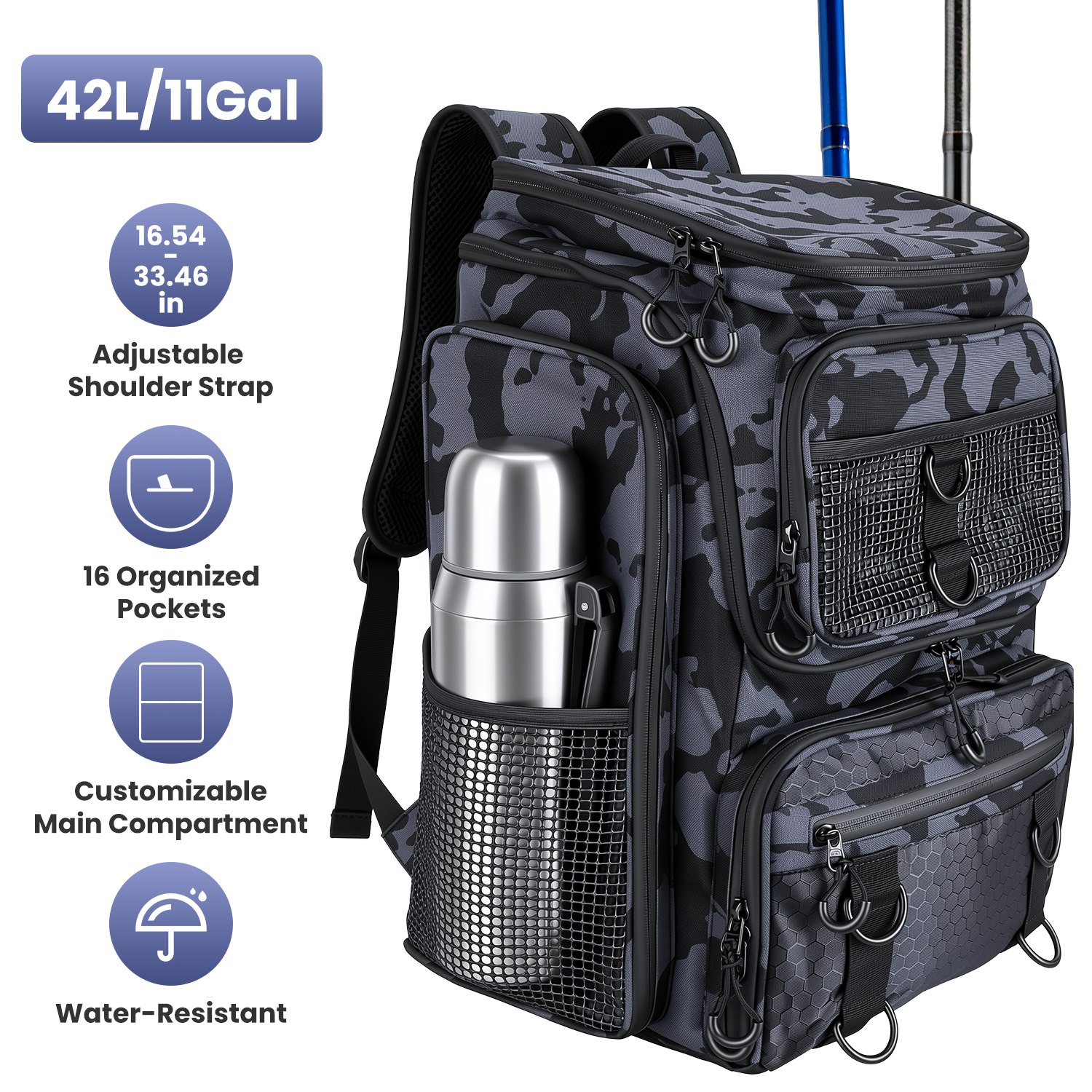42L/11Gal Fishing Backpack Large Capacity Fishing Tackle Storage Bag with Rod Holders 16-Pocket Water-Resistant with Divider Adjustable Padded Straps thumbnail 3