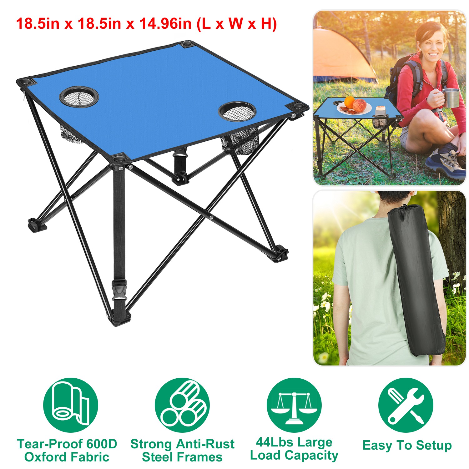 1Pc Foldable Camping Table Portable Picnic Table Lightweight Travel Desk with 2 Cup Holders Carrying Bag thumbnail 3