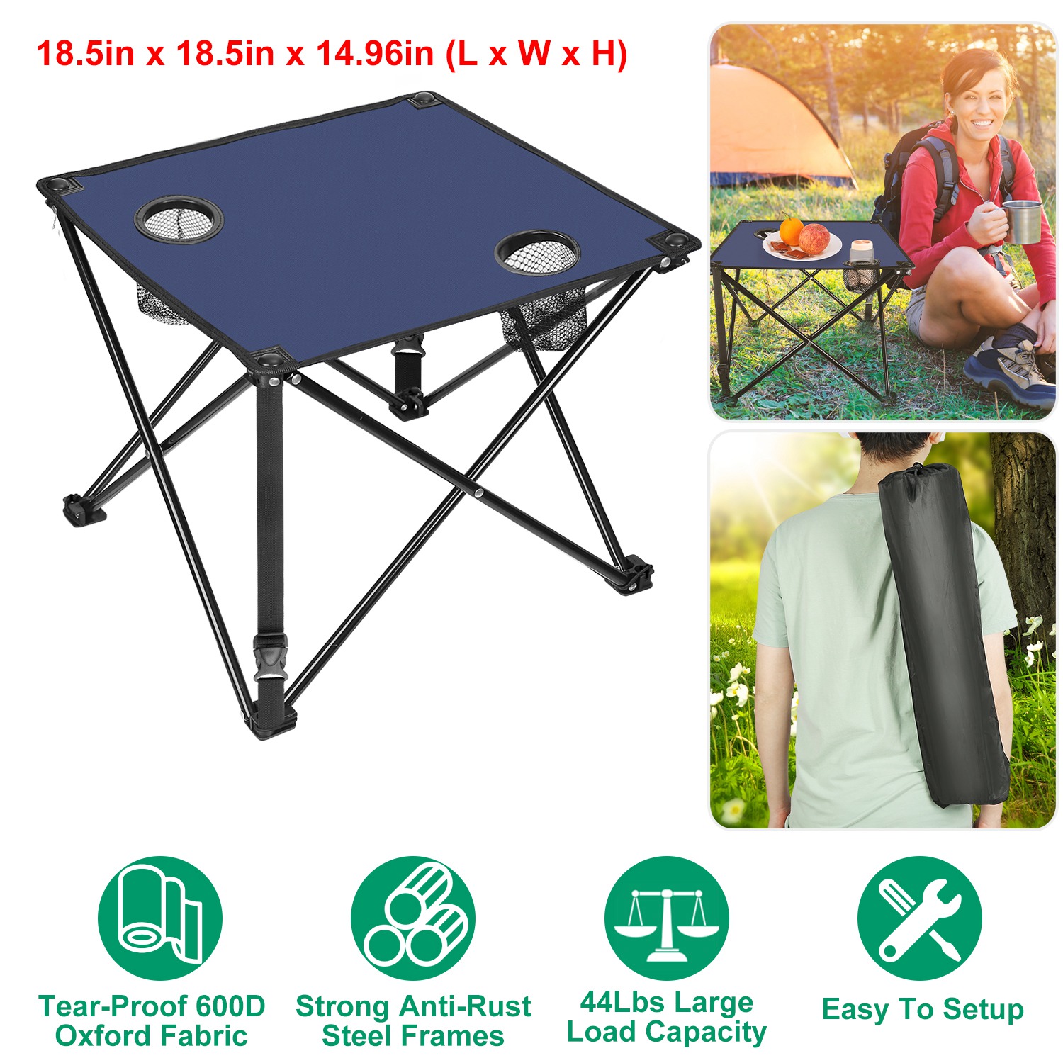 1Pc Foldable Camping Table Portable Picnic Table Lightweight Travel Desk with 2 Cup Holders Carrying Bag thumbnail 3