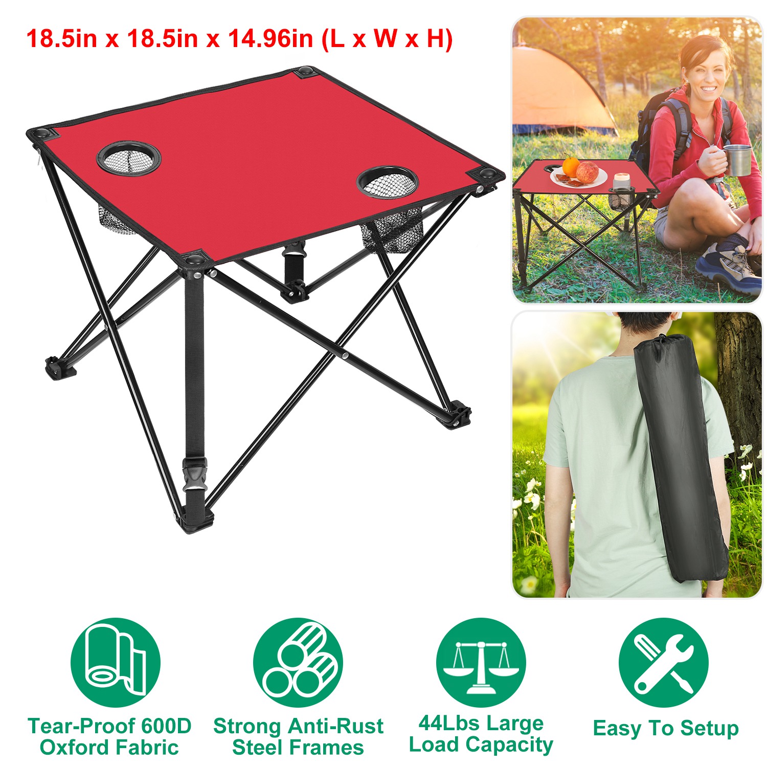 1Pc Foldable Camping Table Portable Picnic Table Lightweight Travel Desk with 2 Cup Holders Carrying Bag thumbnail 3