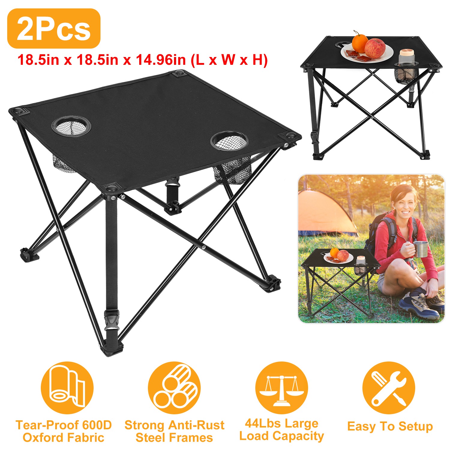 2Pcs Foldable Camping Table Portable Picnic Table Lightweight Travel Desk with 2 Cup Holders/Table Carrying Bag thumbnail 3