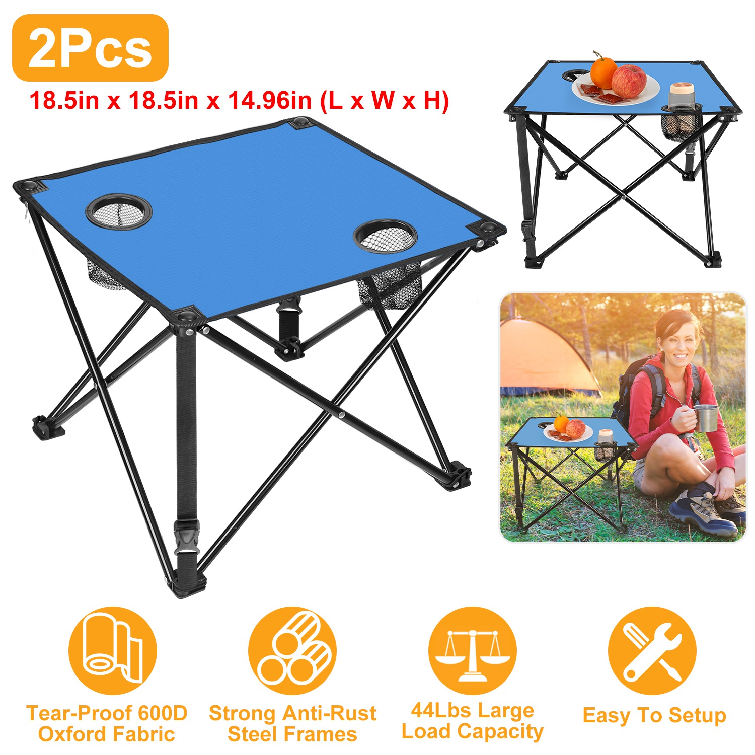 2Pcs Foldable Camping Table Portable Picnic Table Lightweight Travel Desk with 2 Cup Holders/Table Carrying Bag thumbnail 3