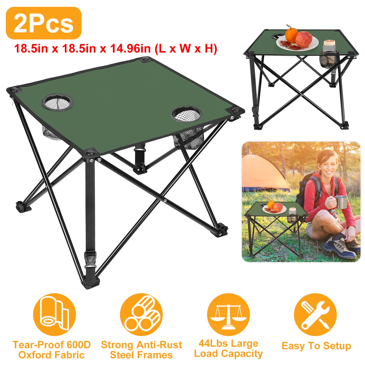 2Pcs Foldable Camping Table Portable Picnic Table Lightweight Travel Desk with 2 Cup Holders/Table Carrying Bag thumbnail 3
