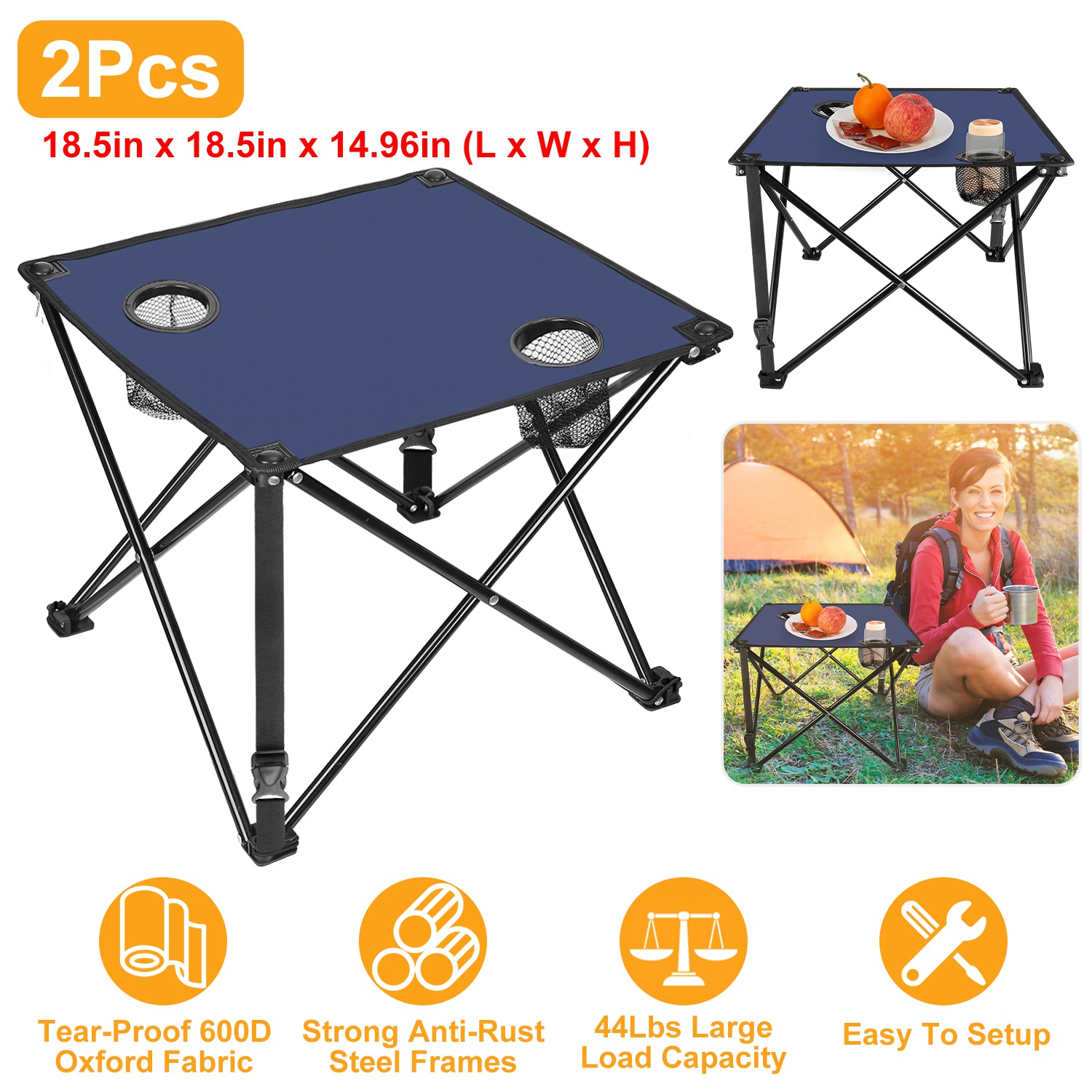 2Pcs Foldable Camping Table Portable Picnic Table Lightweight Travel Desk with 2 Cup Holders/Table Carrying Bag thumbnail 3