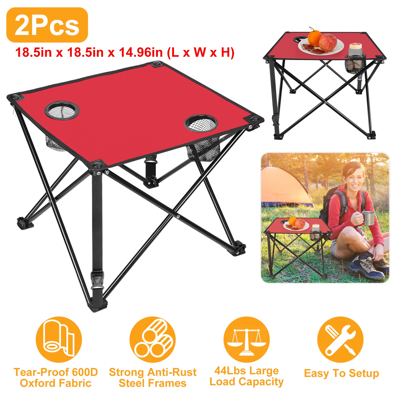 2Pcs Foldable Camping Table Portable Picnic Table Lightweight Travel Desk with 2 Cup Holders/Table Carrying Bag thumbnail 3