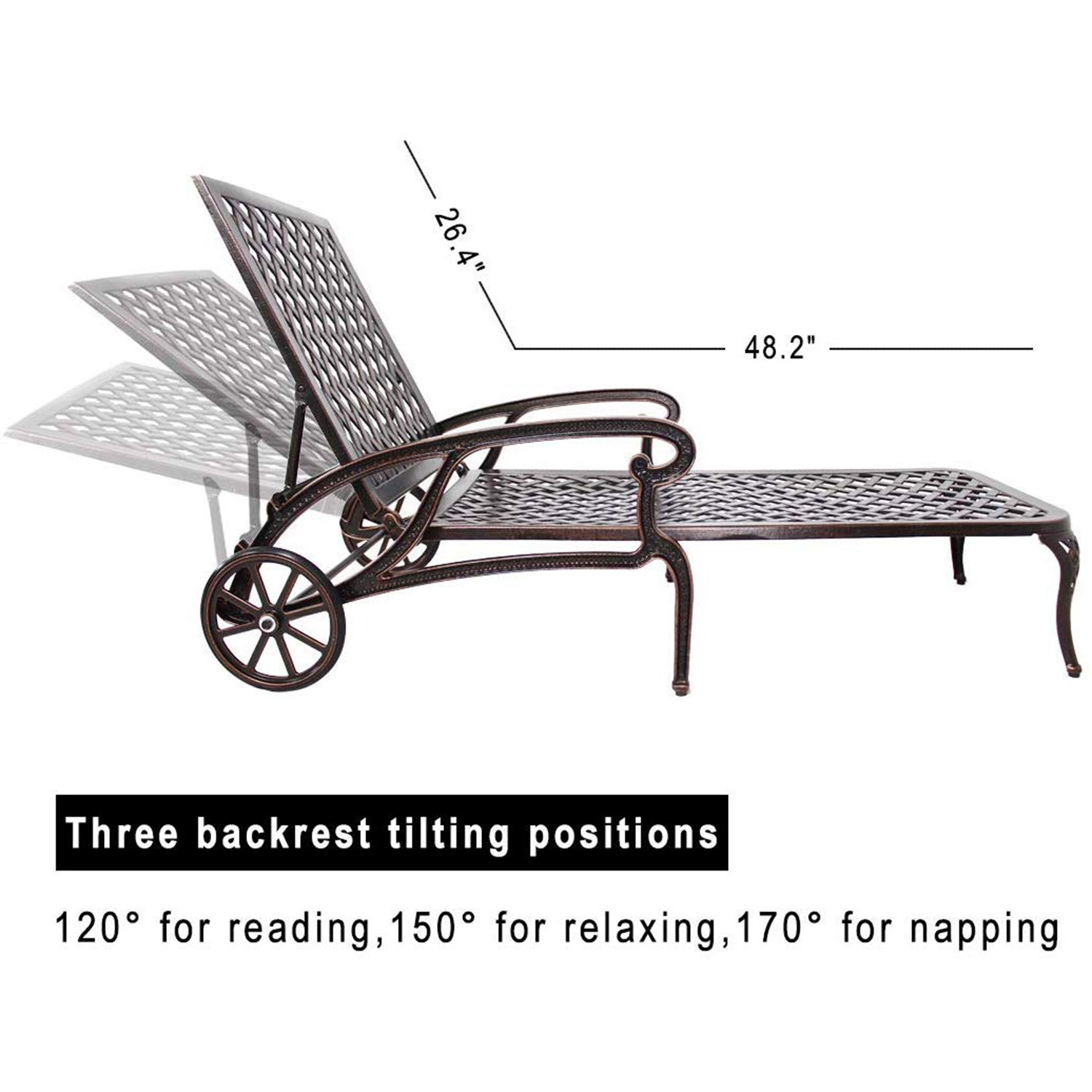 Outdoor Aluminum Lounge Chair with Wheels, Adjustable Reclining Chaise Lounge, Weather Resistant Patio Recliner Chair with 3-Position Backrest (120°/1 thumbnail 3