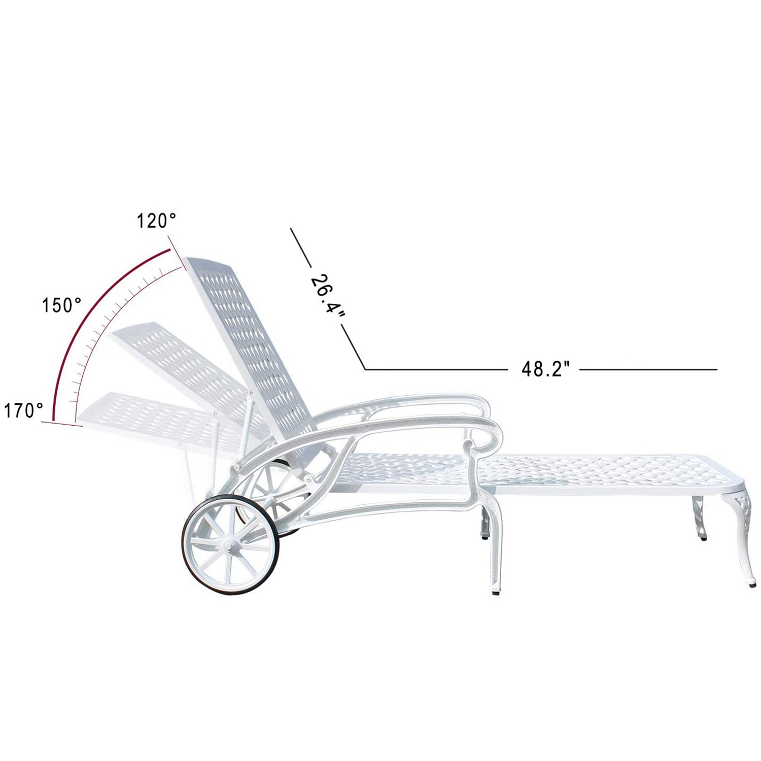 Outdoor Aluminum Lounge Chair with Wheels, Adjustable Reclining Chaise Lounge, Weather Resistant Patio Recliner Chair with 3-Position Backrest (120°/1 thumbnail 3