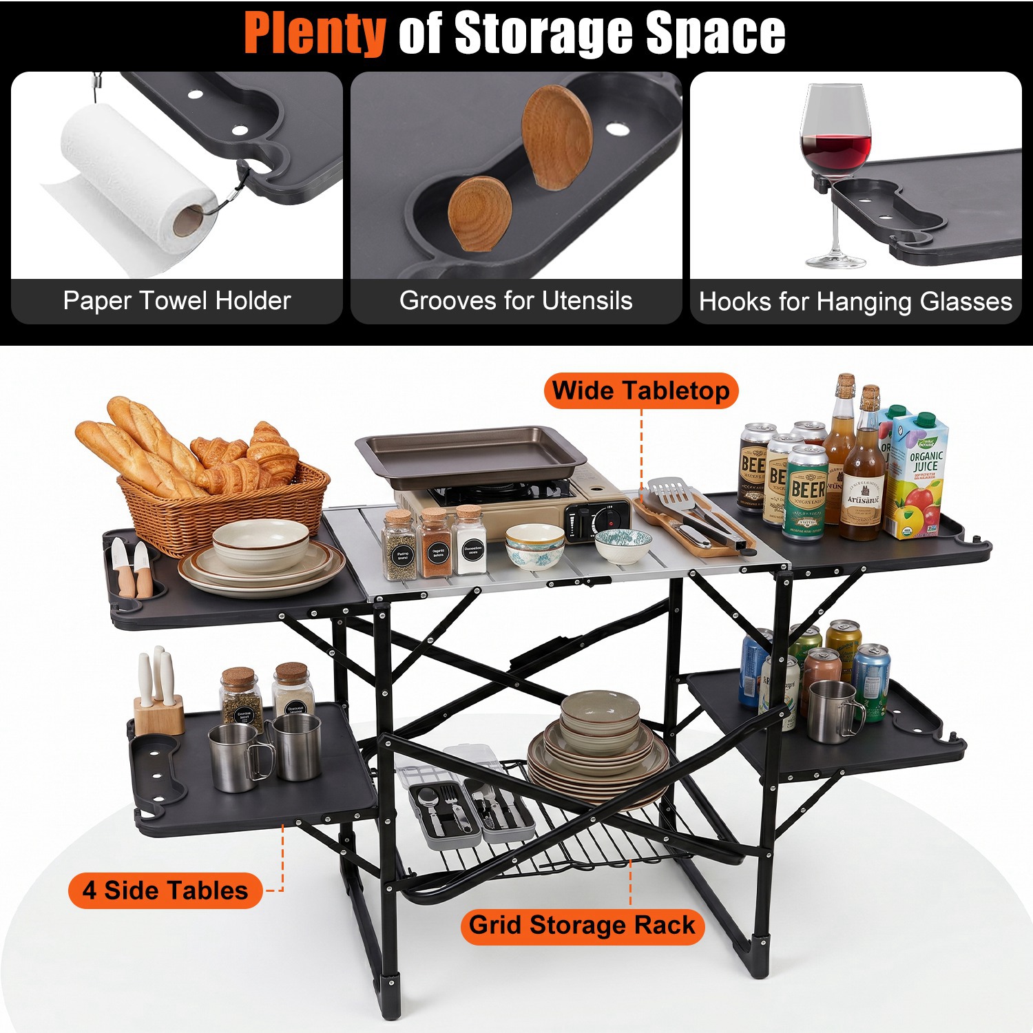 Folding Camping Kitchen Table with Lamp Post, Portable Outdoor Cooking Station with Heat Resistant Top, 4 Side Tables & Lower Storage Rack for Picnic, thumbnail 3