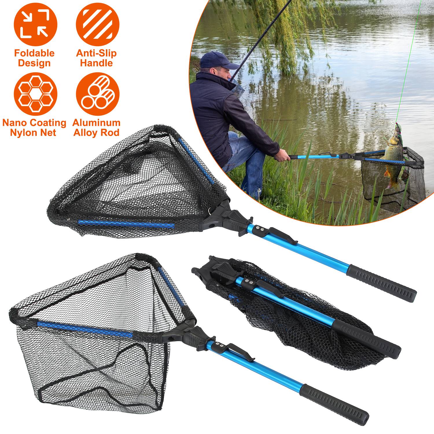 Foldable Fishing Net With Aluminum Alloy Rod EVA Handle Durable 5MM Hexagonal Nano Coating Nylon Mesh Collapsible Landing Net Safe Fish Catching or Re thumbnail 3
