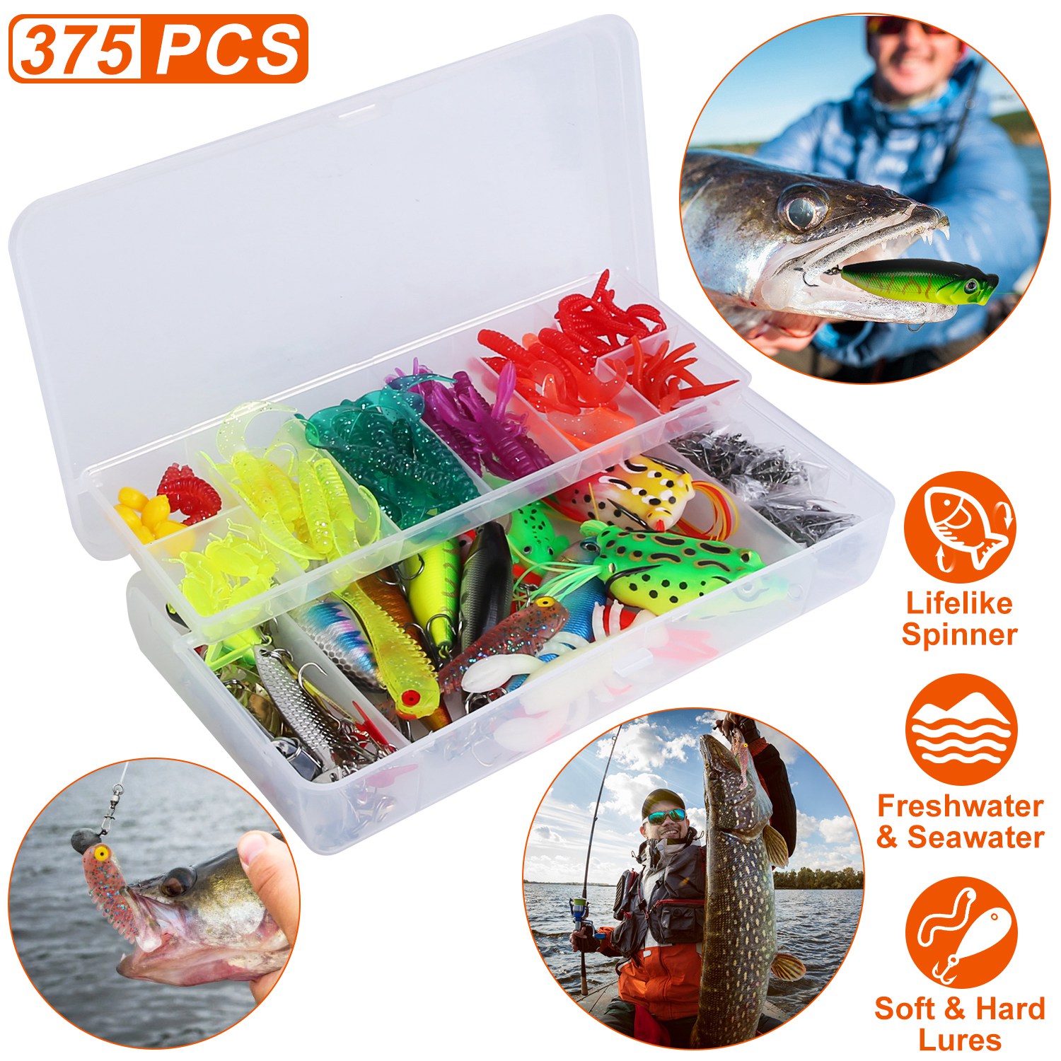 375Pcs Fishing Baits and Tackle Box Saltwater Freshwater Fishing Lures Kit Lifelike Popper Crankbaits Crickets Frogs Spoon Lures Maggots thumbnail 3