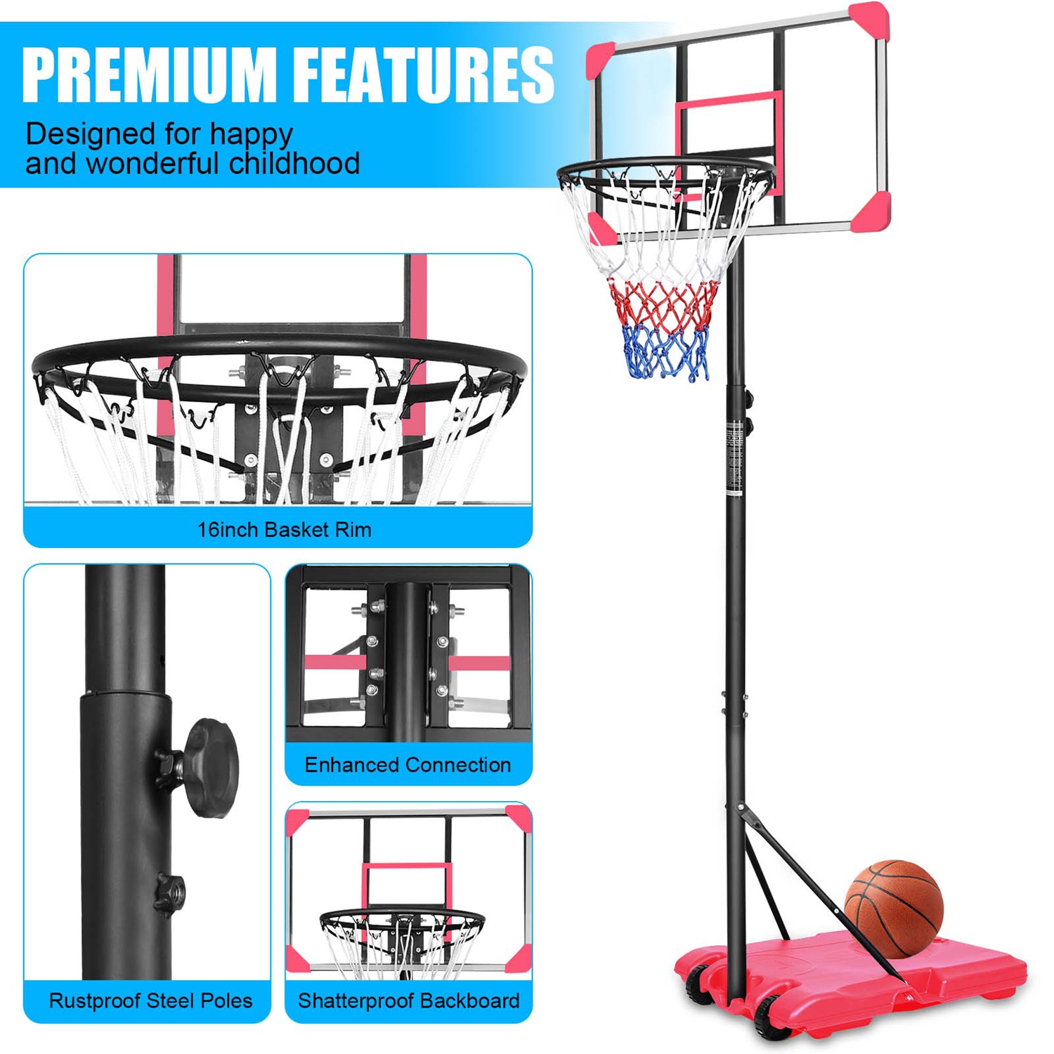 Portable Kids Basketball Hoop with Wheels, Height Adjustable 5.6 to 7ft Basketball Goal System Indoor Outdoor for Kids Teens Adults thumbnail 3