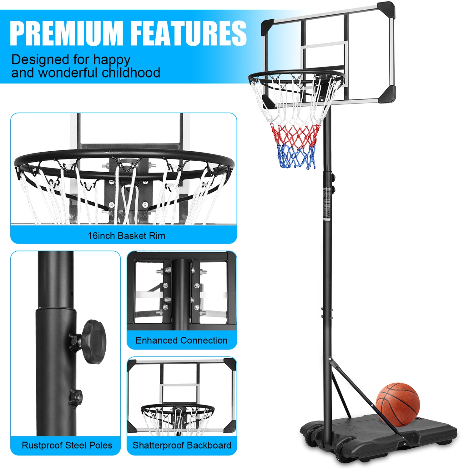 Portable Kids Basketball Hoop with Wheels, Height Adjustable 5.6 to 7ft Basketball Goal System Indoor Outdoor for Kids Teens Adults thumbnail 3