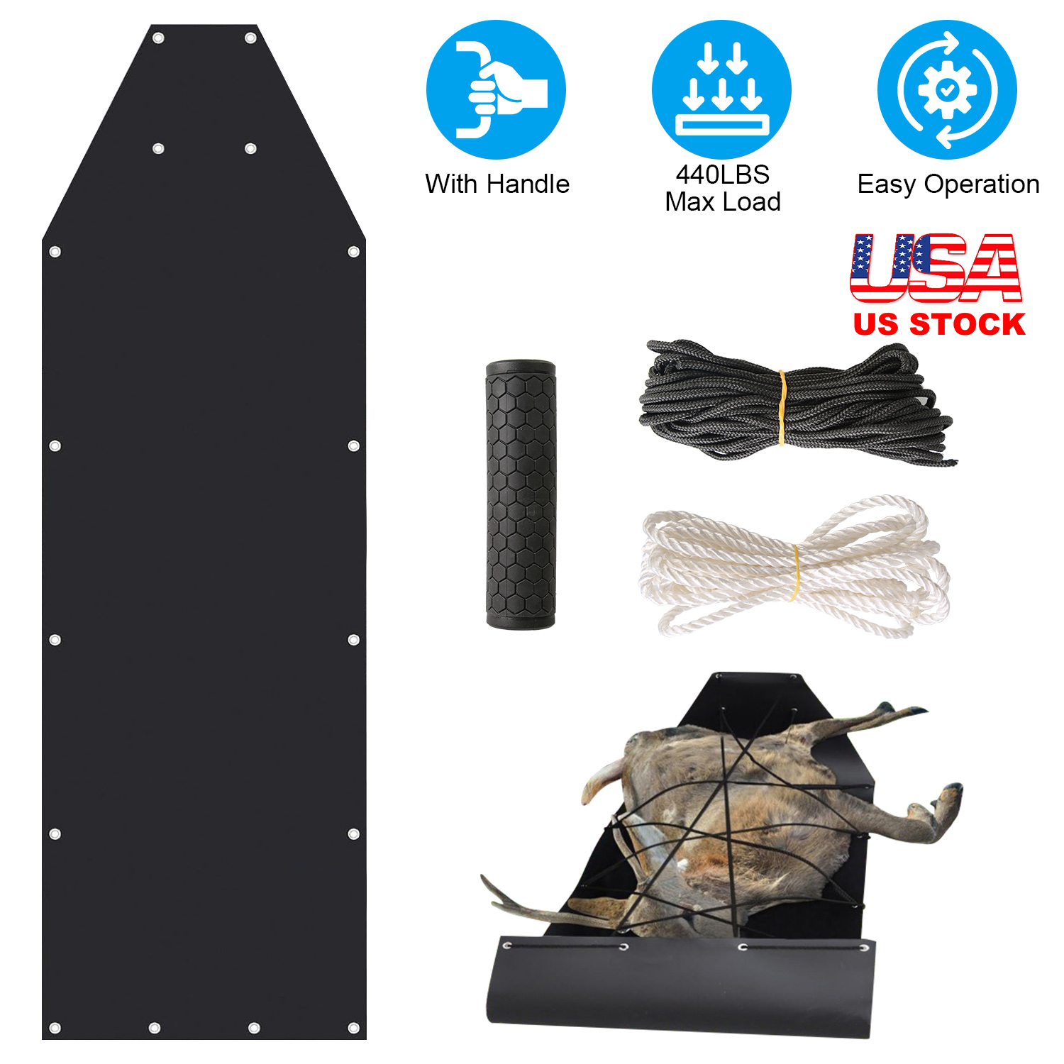 Deer Drag Sled with Handle Deer Cart Game Hauler Snow Sledding Pad Hunting Gear Supplies with 32.8FT Black Rope 16.1FT White Rope for Hunting Ice Fish thumbnail 3