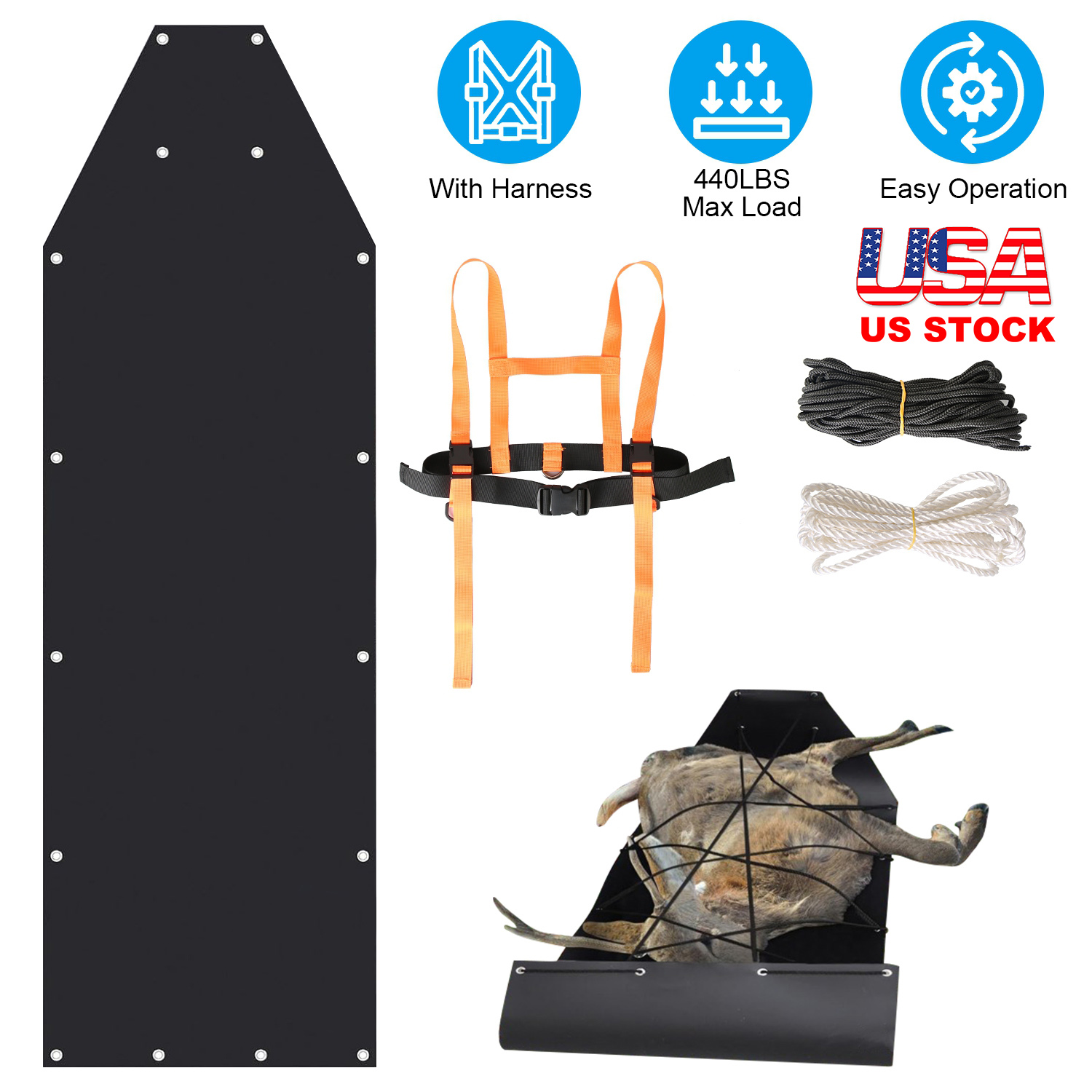 Deer Drag Sled with Dragging Harness Deer Cart Game Hauler Snow Sledding Pad Hunting Gear Supplies with 32.8FT Black Rope 16.1FT White Rope for Huntin thumbnail 3