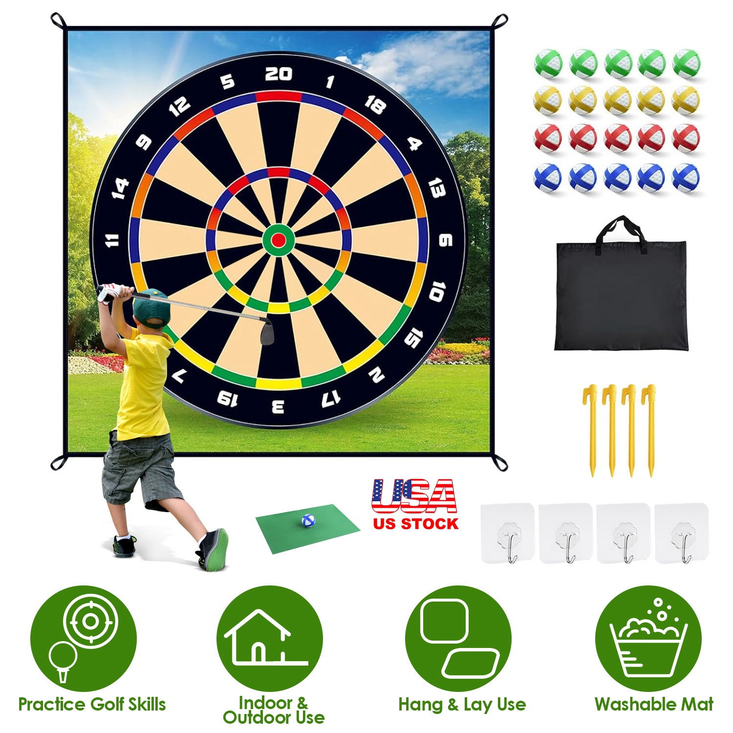 Golf Chipping Dart Game Mat Set With 20 Sticky Balls Ground Stakes Hanging Hooks Carrying Bag Indoor Outdoor Golf Hitting Training Game Mat For Kids B thumbnail 3