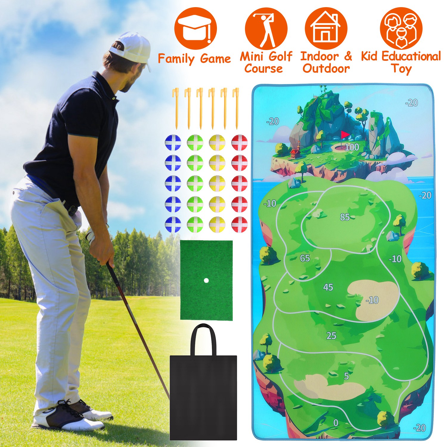 Casual Golf Game Set Indoor Outdoor Golf Pratice Mat Chipping Green Golf Yard Games for Kids Adults with 20 Sticky Golf Balls Storage Bag thumbnail 3