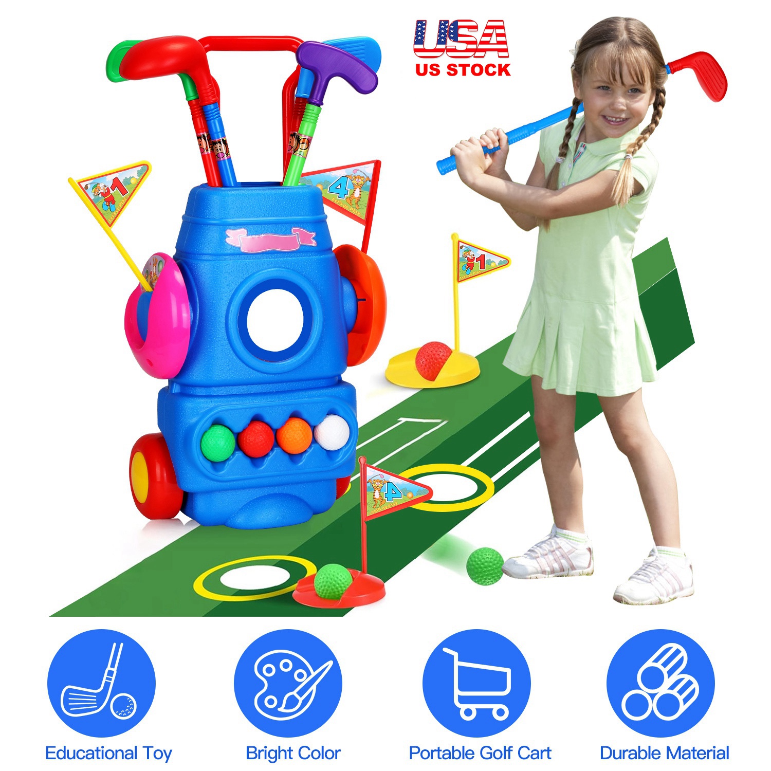 Toddler Golf Set with 4 Balls 4 Clubs 2 Holes 2 Flags Golf Cart Indoor Outdoor Golf Game Gift For 3-5 Years Old Kids thumbnail 3