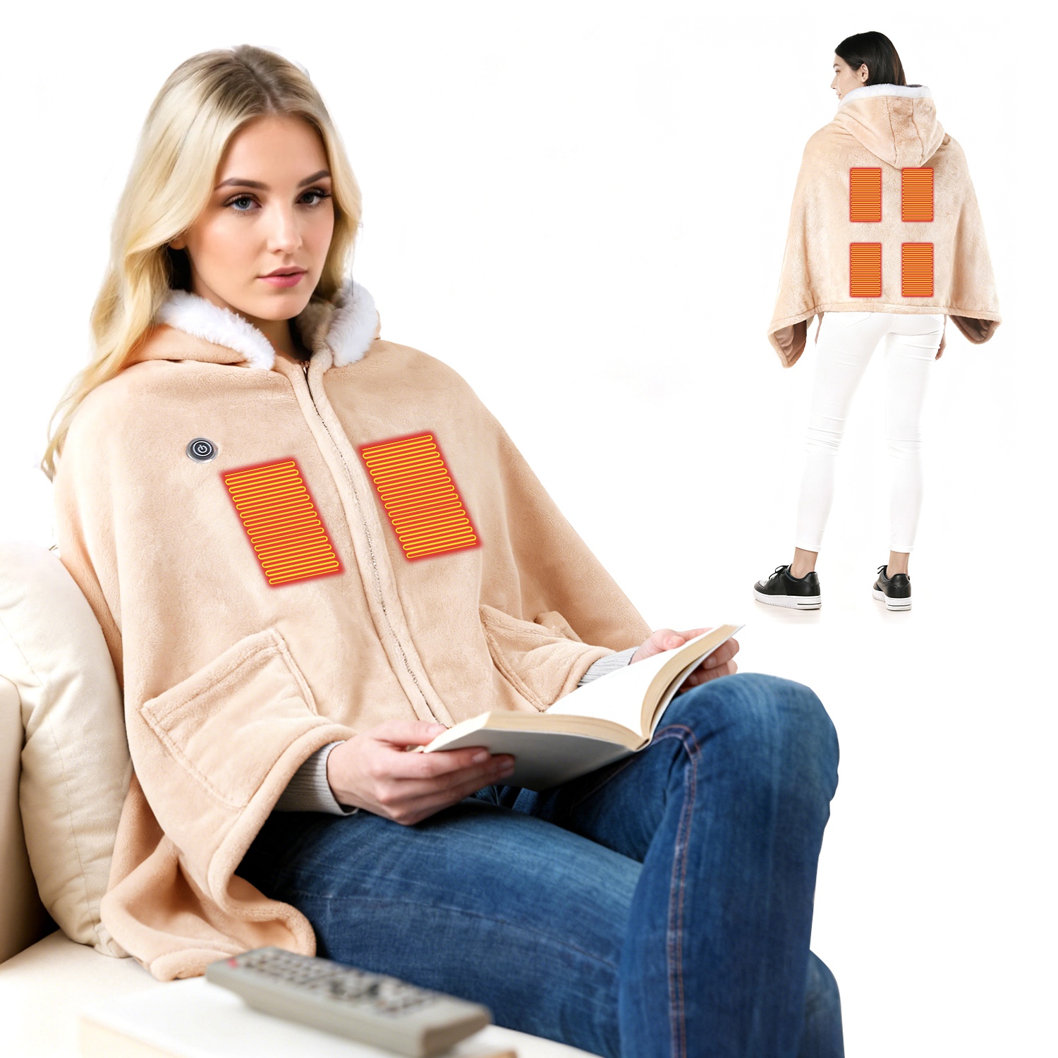 Wearable Heated Throw Blanket Double-Sided Flannel Portable Electric Heating Hoodie For Women Men Machine Washable 3 Heating Levels Battery Operated
