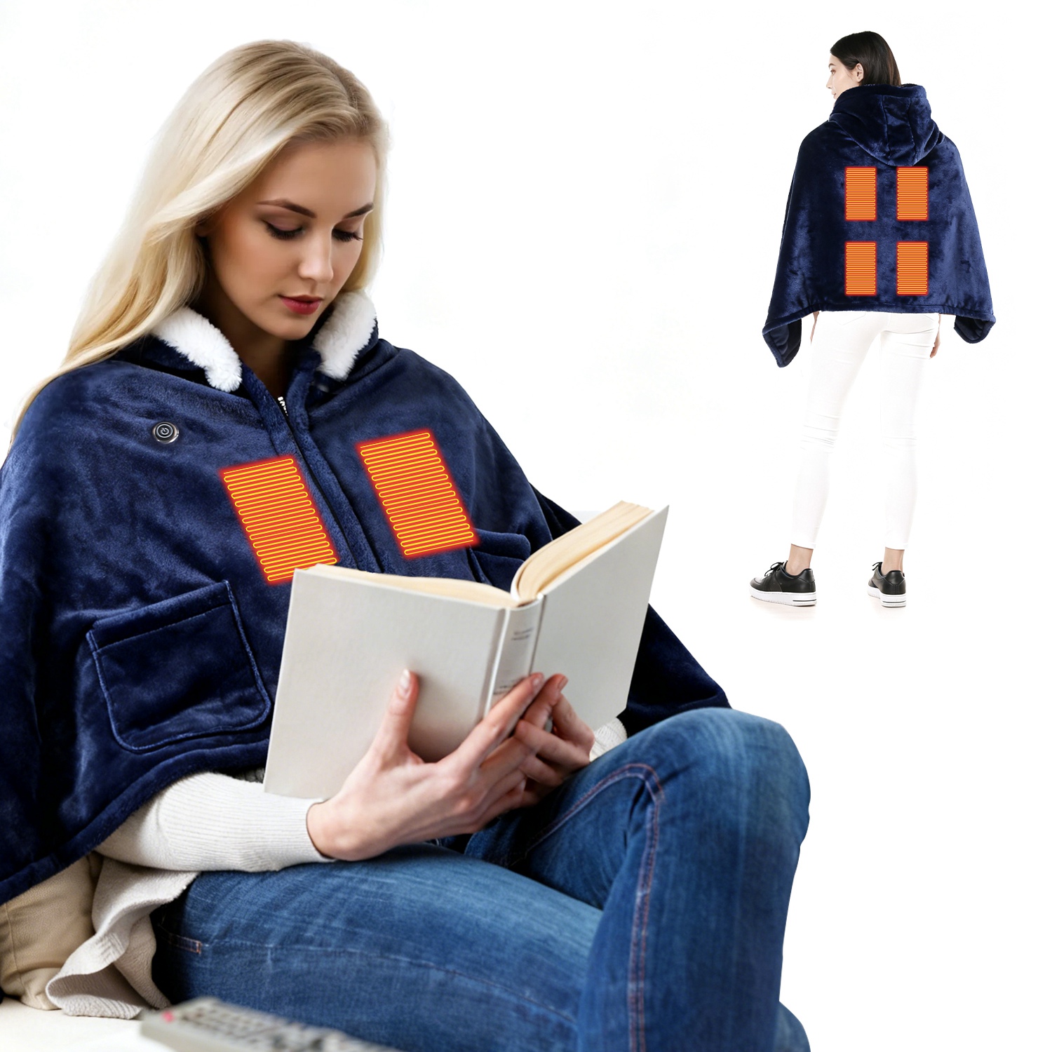 Wearable Heated Throw Blanket Double-Sided Flannel Portable Electric Heating Hoodie For Women Men Machine Washable 3 Heating Levels Battery Operated