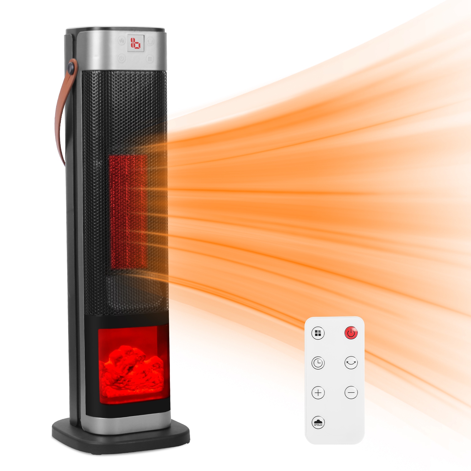 1500W Oscillating Ceramic Tower Space Heater with 3D Flame Portable Electric Heater with 3 Wind Modes 59-104?Heating Remote Control 12H Timer Overheat