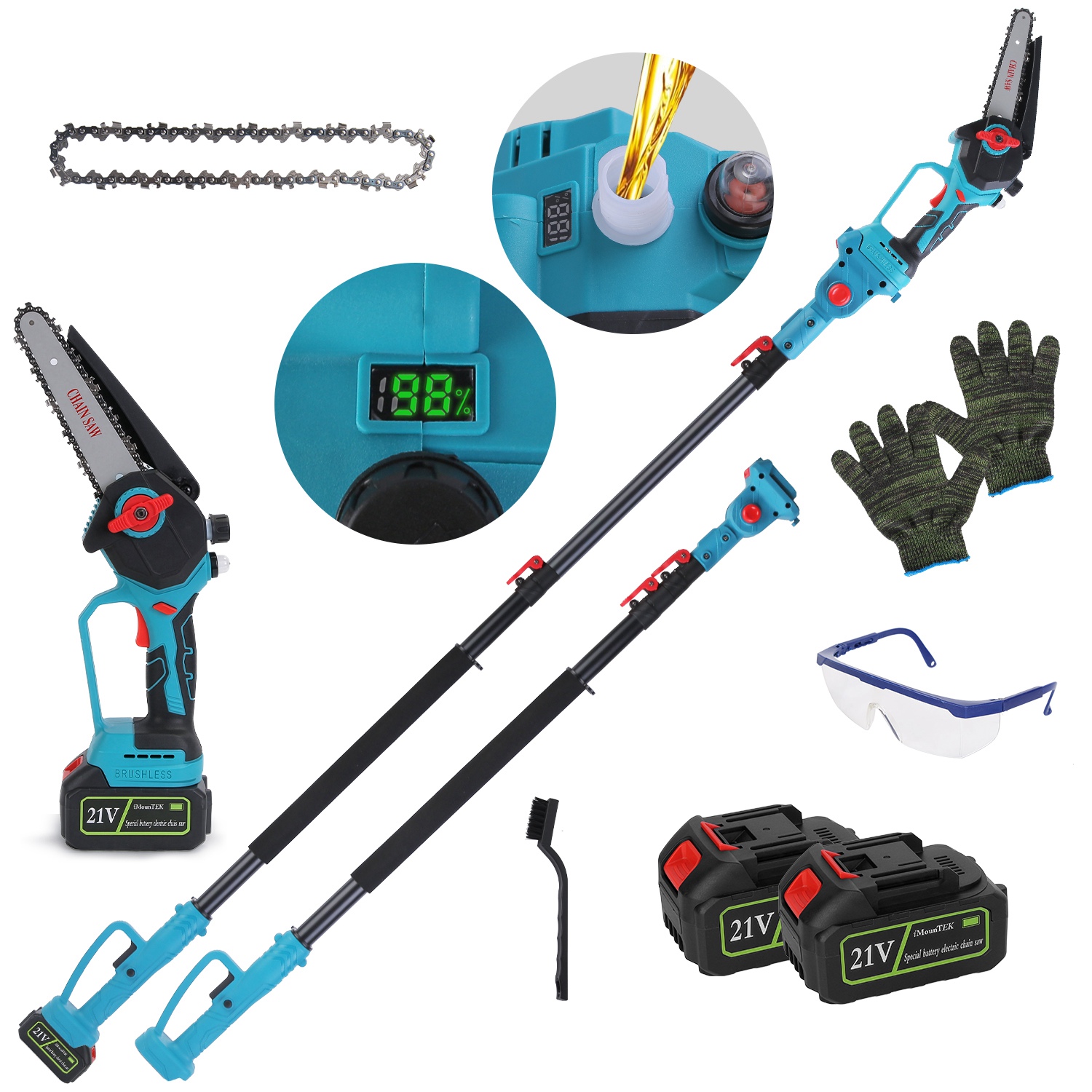 2-IN-1 Cordless Pole Saw And Mini Chainsaw With Extension Pole 21V Battery 6 Electric Brushless Pole Chainsaw with Digital Display Auto Oiler Safety