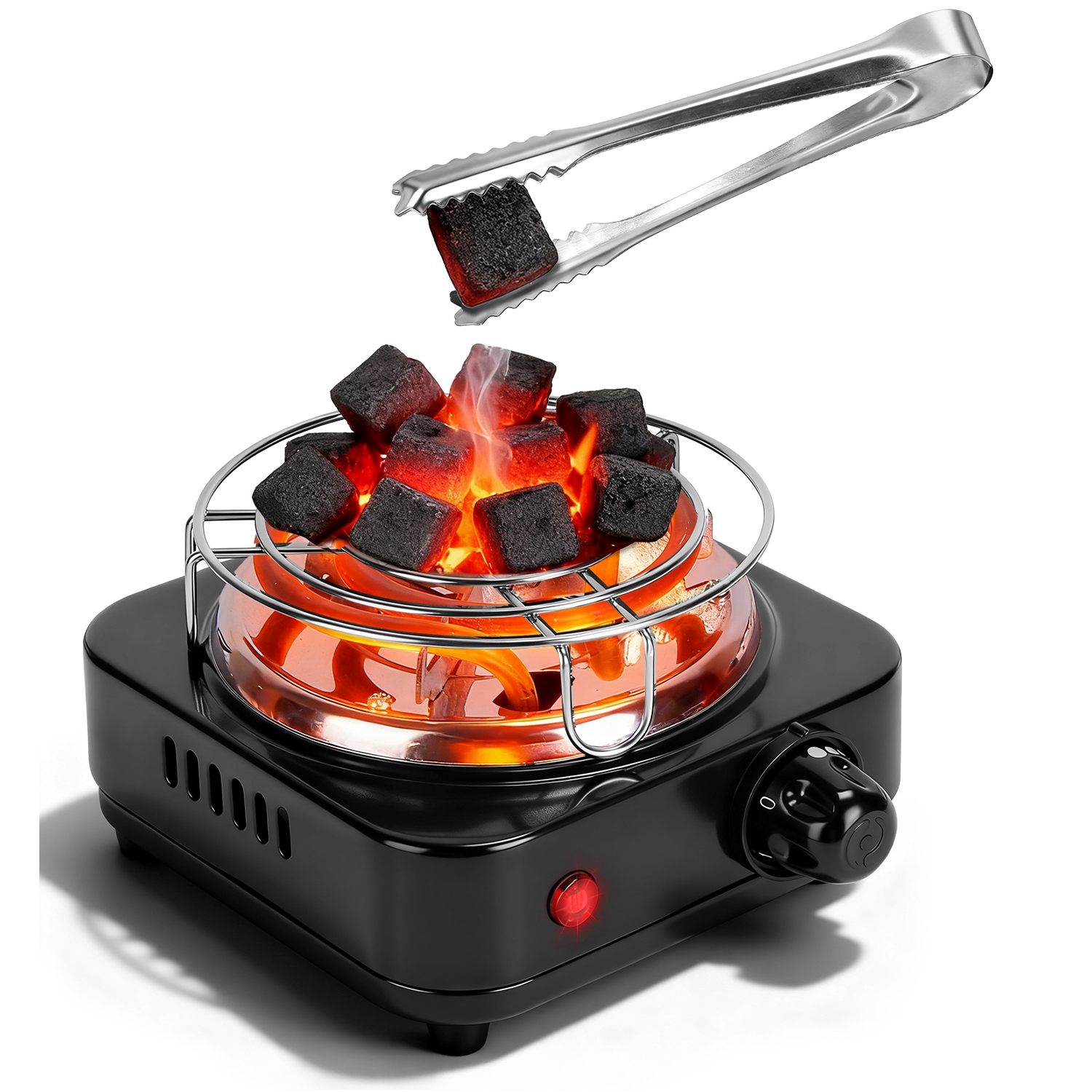 Electric Charcoal Burner 500W Hookah Charcoal Burner Compact Coal Burner for Hooka Cubes Shisha with Grill and Tongs 5 Temperature Gears 338?-1022? Th