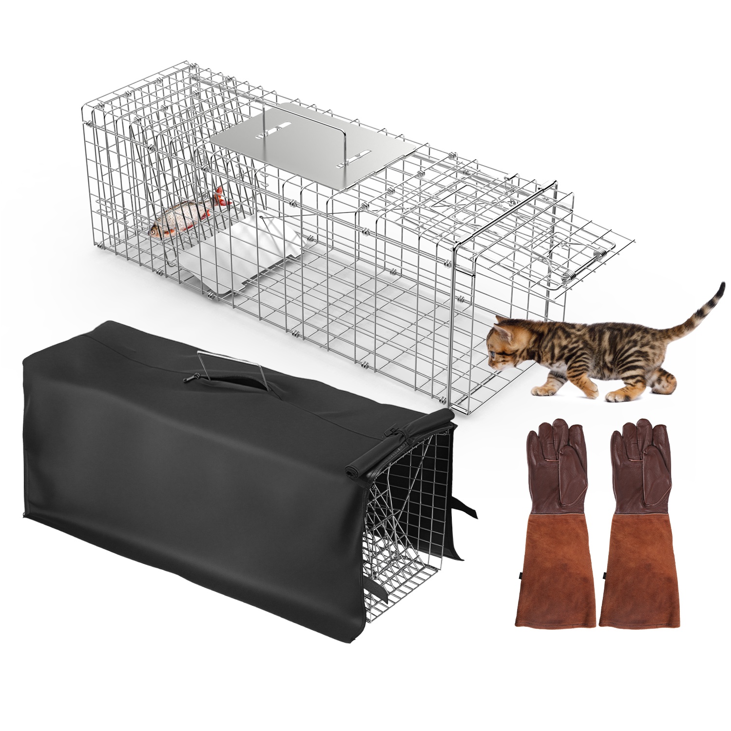31x12x11 Folding Live Animal Trap Cage With Waterproof Cover And Gloves Humane Easy To Catch And Release Trap For Stray Cats Raccoons Squirrel Skunk