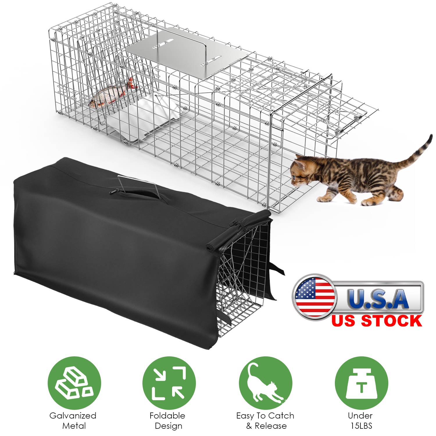31x12x11 Heavy Duty Folding Live Animal Trap Cage With Waterproof Cover Humane Easy To Catch And Release Trap For Stray Cats Raccoons Squirrel Skunk thumbnail 2