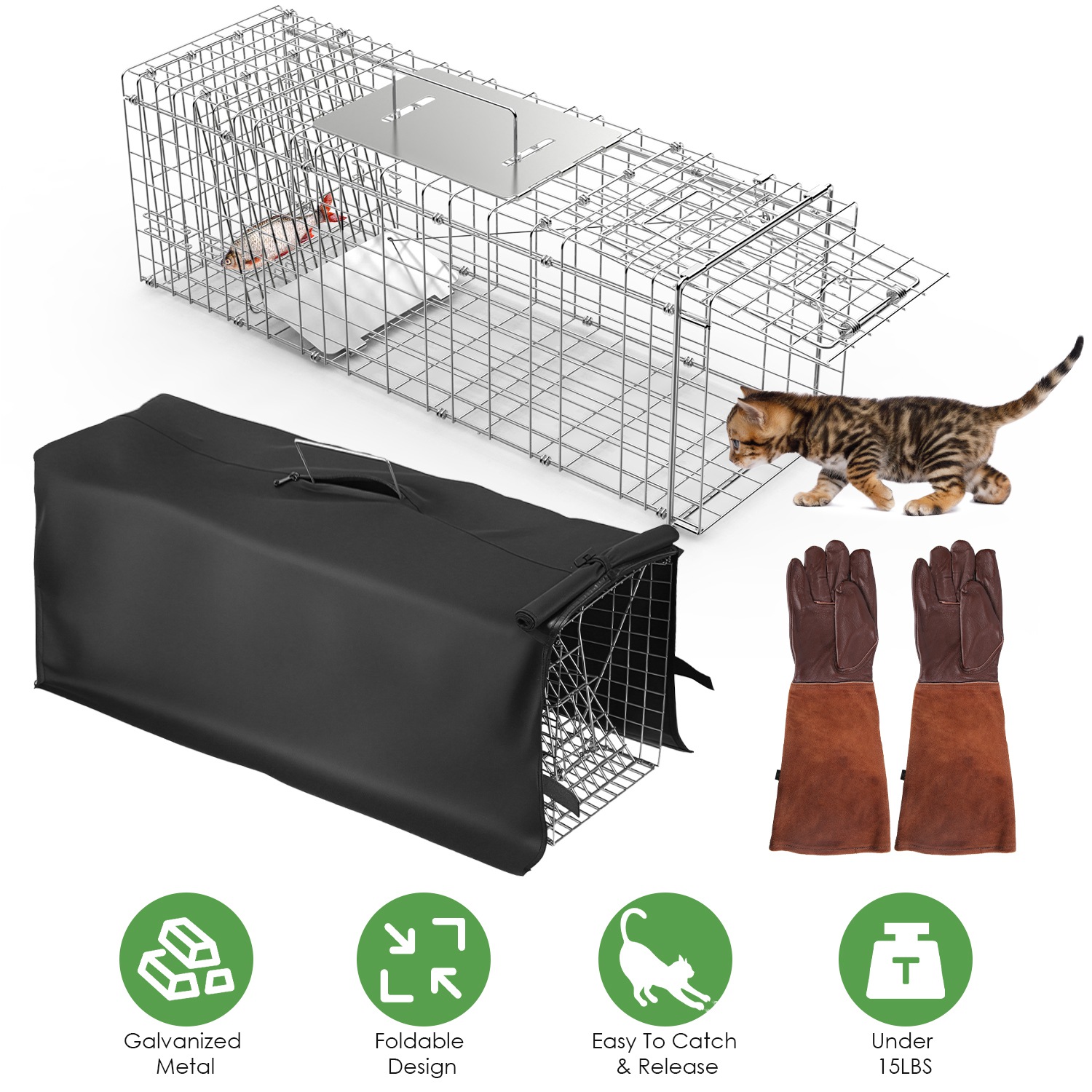 31x12x11 Folding Live Animal Trap Cage With Waterproof Cover And Gloves Humane Easy To Catch And Release Trap For Stray Cats Raccoons Squirrel Skunk thumbnail 2
