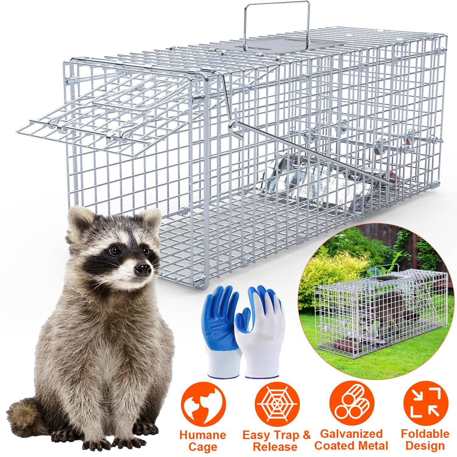 25.59Inch Live Humane Animal Trap Cage Heavy Duty Folding Catch And Release Rodent Cage For Rabbit Squirrel Possum Skunk Kitten Raccoon And More thumbnail 2