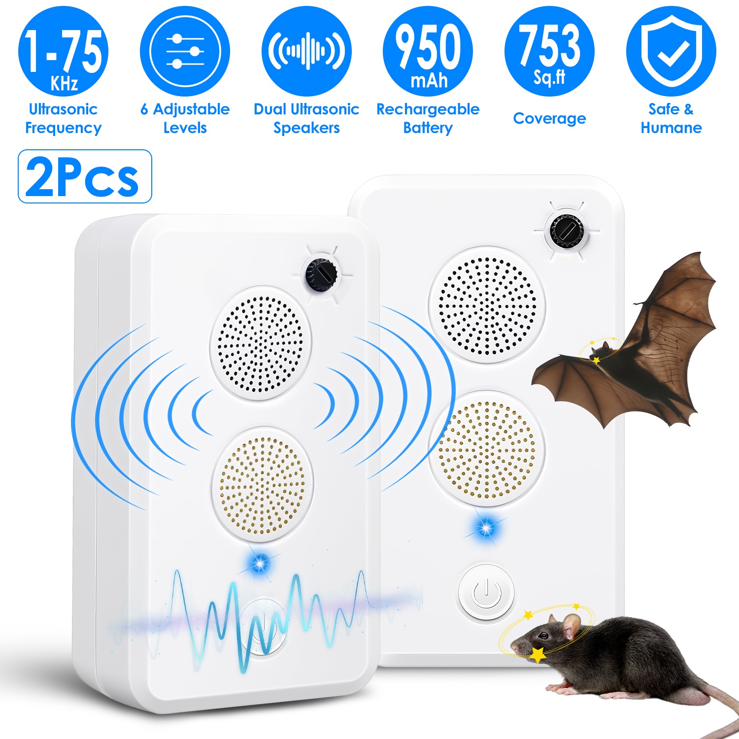 2Pack Rechargeable Ultrasonic Bat Repellent Indoor Outdoor Bird Mouse Deterrent Device with 6 Adjustable Levels for Attic Porch House thumbnail 2