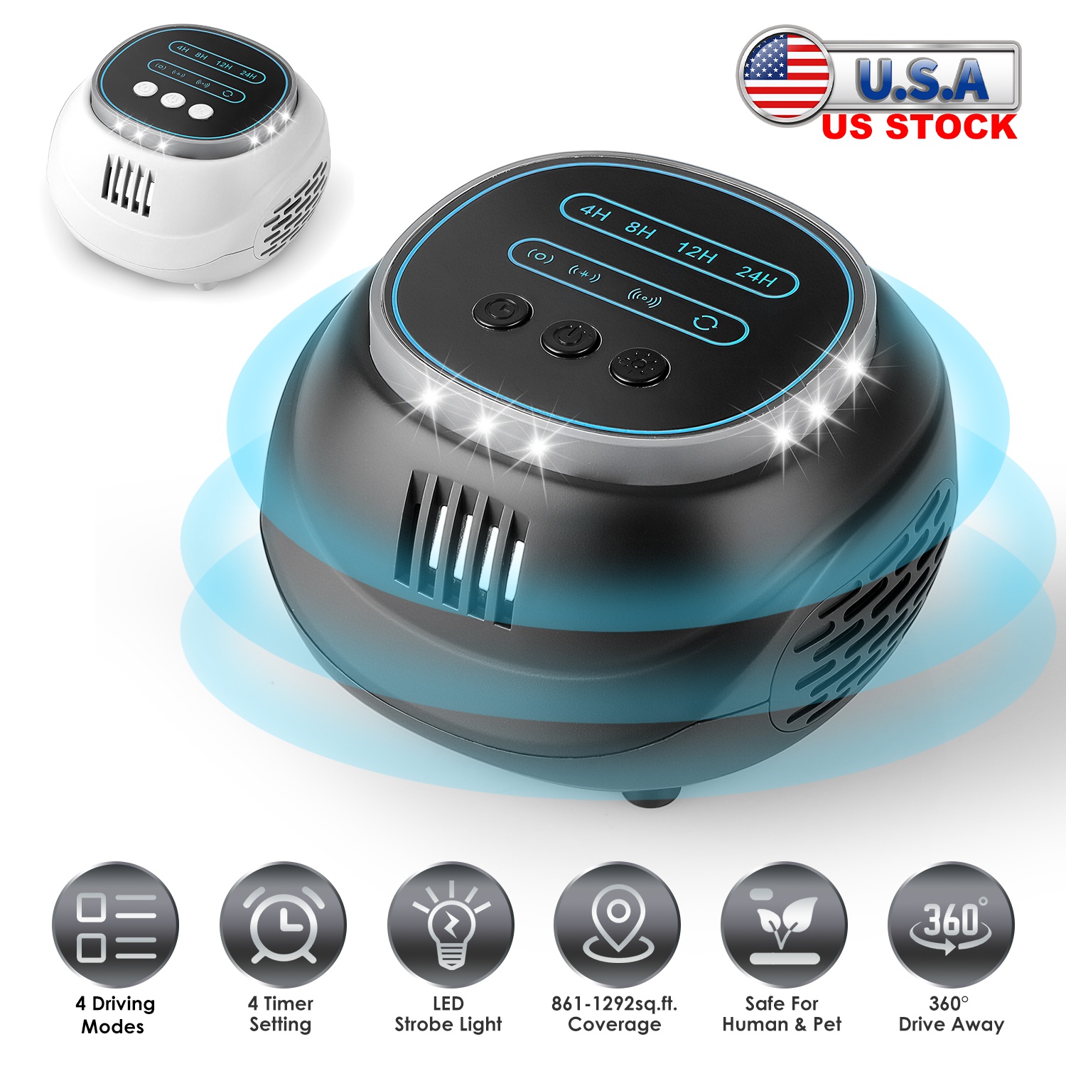 Ultrasonic Rodent Chaser Rat Repellent Pest Driver Mouse Control Squirrel Repeller with 4 Modes 4-65KHz Strobe Light 4 Timer 1292sq.ft. Coverage for R thumbnail 2