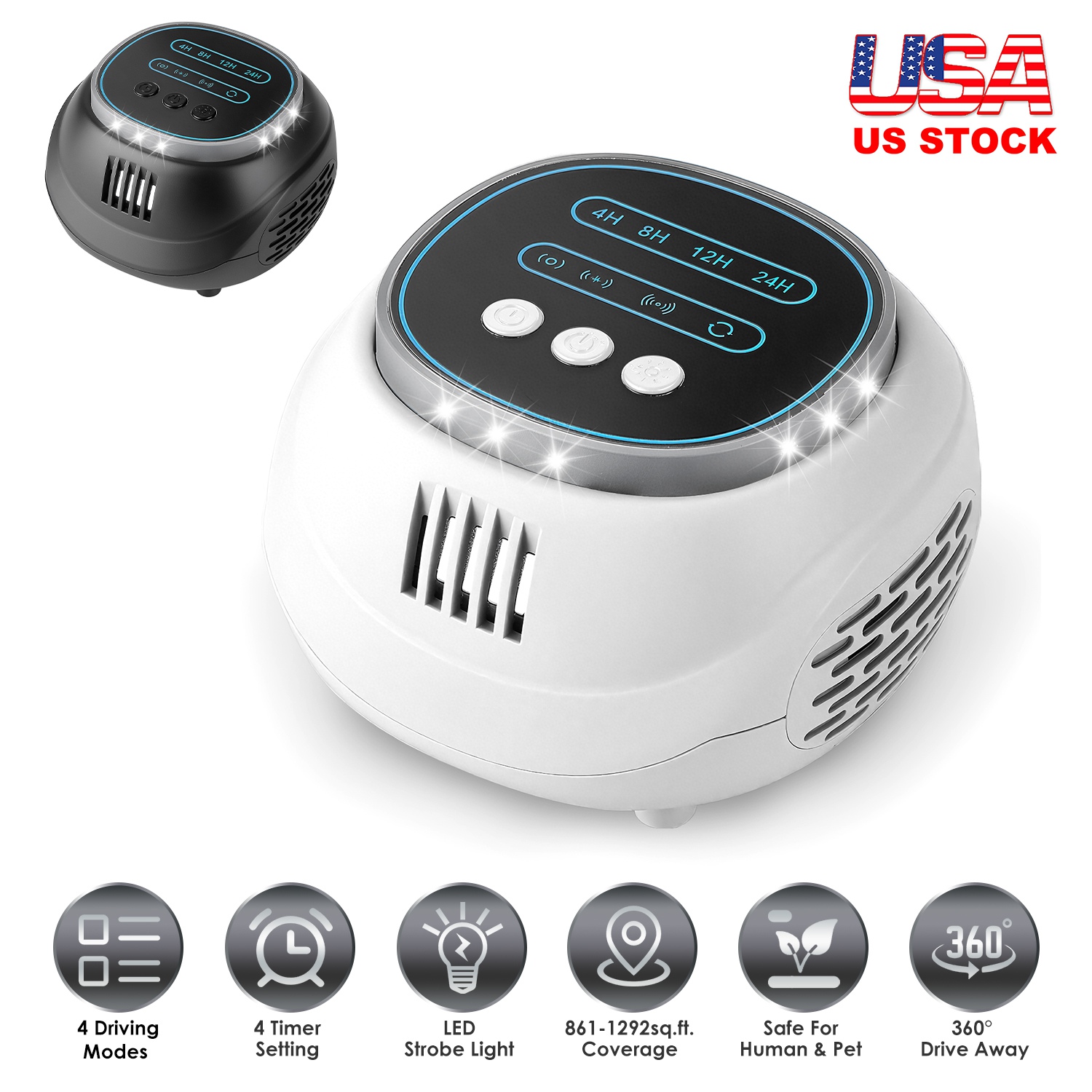 Ultrasonic Rodent Chaser Rat Repellent Pest Driver Mouse Control Squirrel Repeller with 4 Modes 4-65KHz Strobe Light 4 Timer 1292sq.ft. Coverage for R thumbnail 2