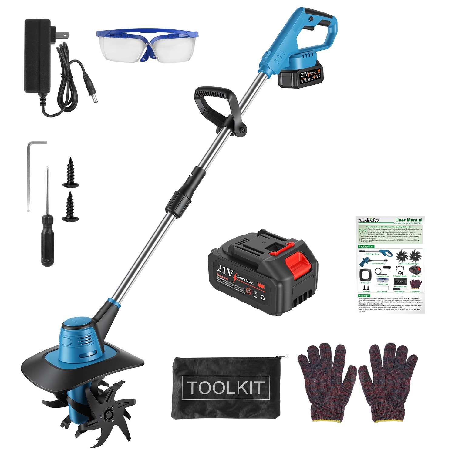 800W 21V Cordless Tiller Cultivator 3.0Ah Battery Powered Tiller with 8.66" Width 6.69" Depth Manganese Steel Tines for Soil Cultivation Weeding Garde thumbnail 2