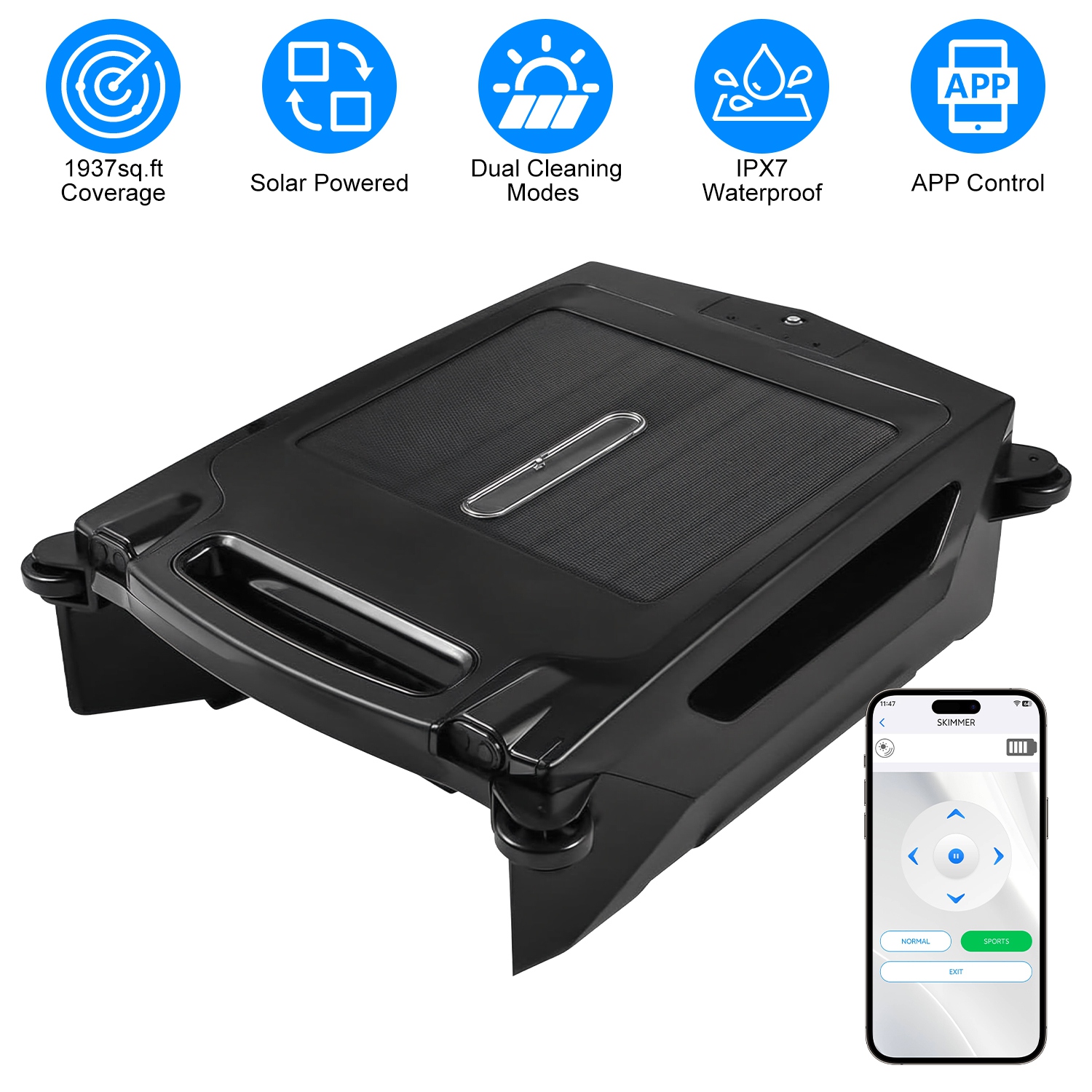 Solar Powered Robotic Pool Skimmer Automatic Swimming Pool Surface Cleaner with 2 Cleaning Modes Dual Charging Methods IPX7 Waterproof 1937sq.ft Cover thumbnail 2