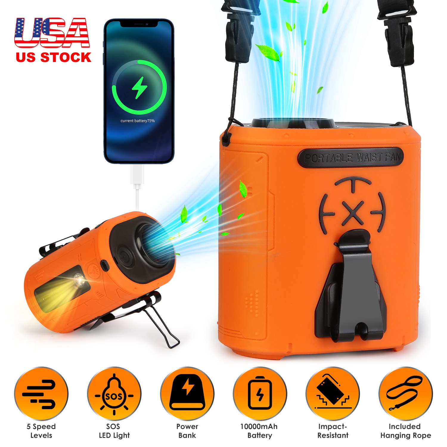 5 In 1 Portable Waist Clip Fan With 5 Speeds Flashlight 10000mAh Battery Operated Personal Wearable Turbo Belt Fan Hands-Free Neck Fan For Camping Tra thumbnail 2