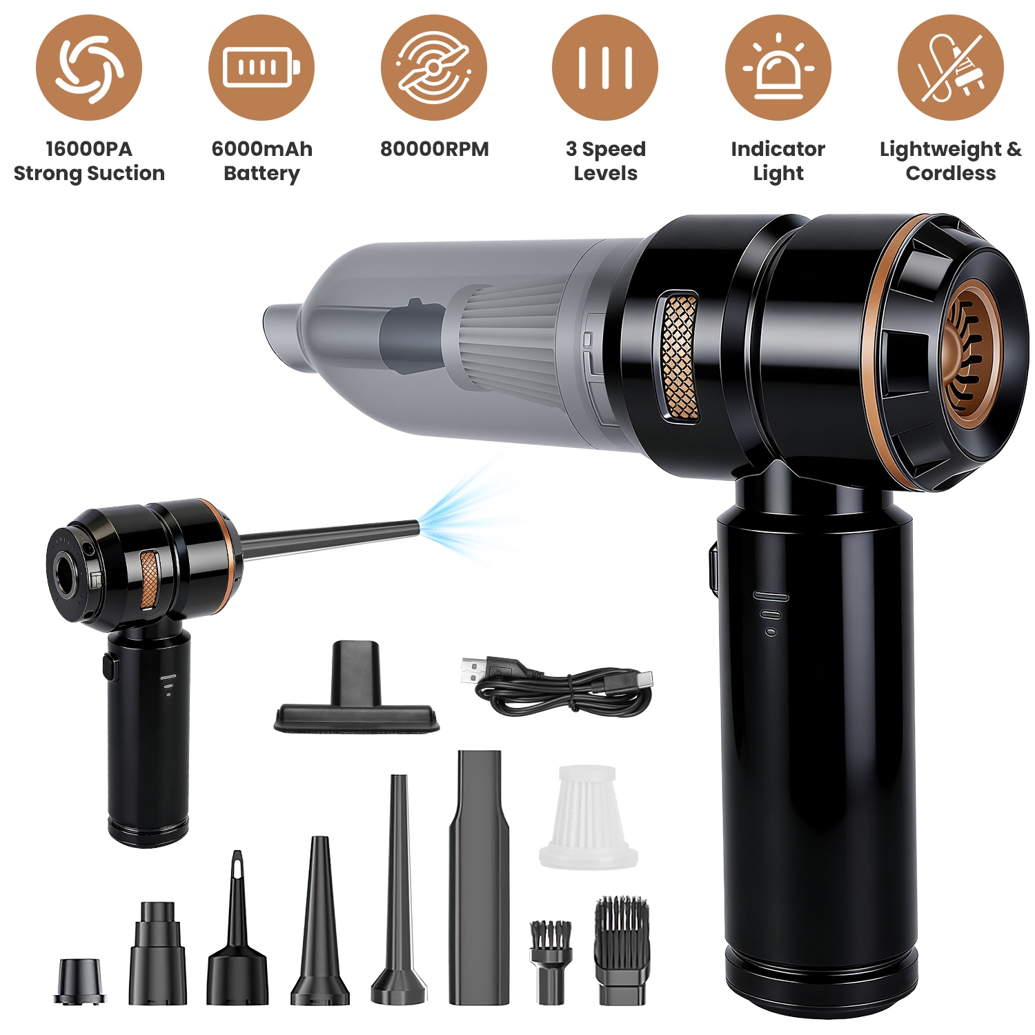 16000PA Handheld Car Vacuum Cleaner With Brushless Motor 2 Reusable Filters 4 In 1 Portable Cordless Compressed Air Duster & Blower for Car Office Hom thumbnail 2