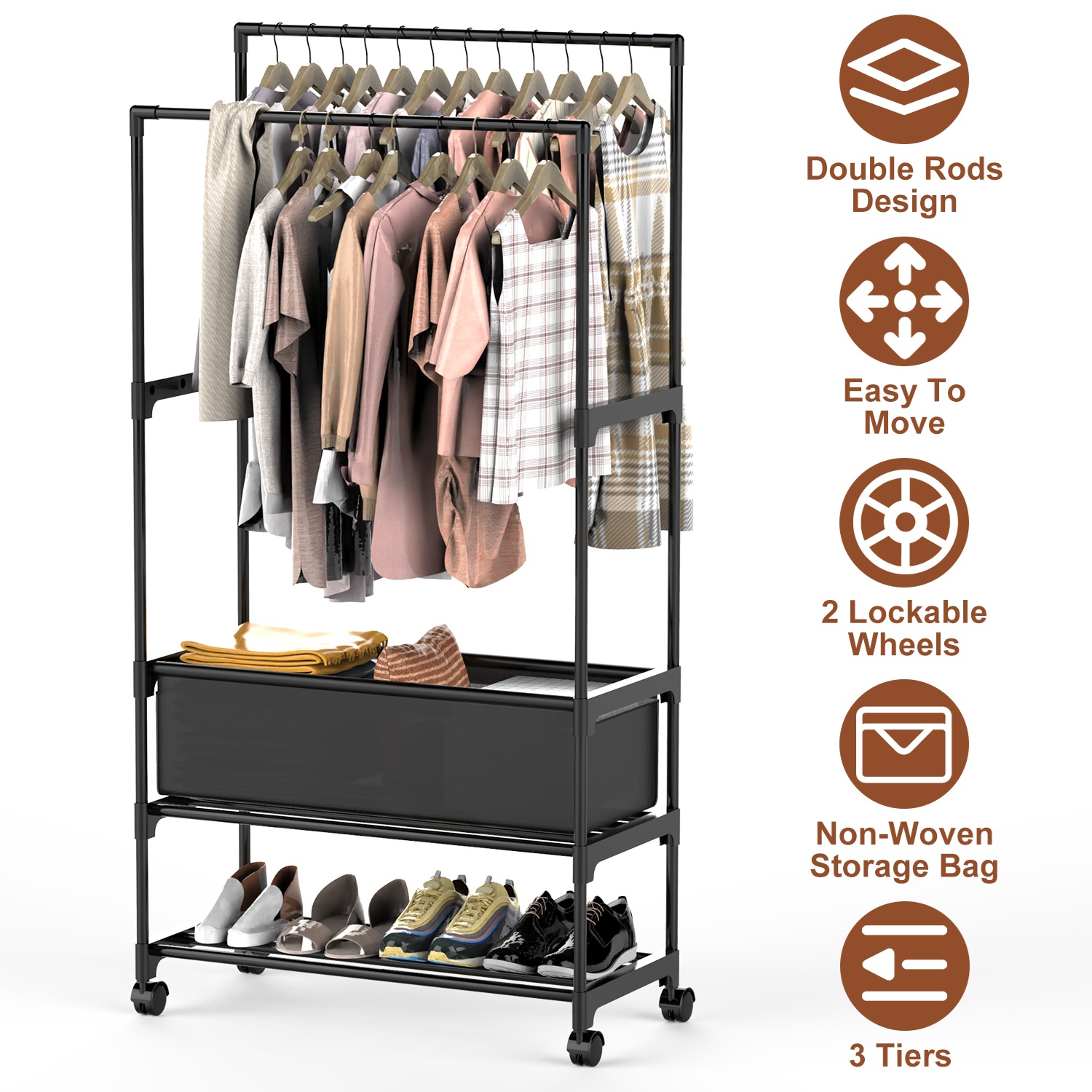 Double Rods Garment Rack with Storage Bag Portable Clothing Rack with Shelves Lockable Wheels Small Portable Closet Storage Bag Height Adjustable thumbnail 2