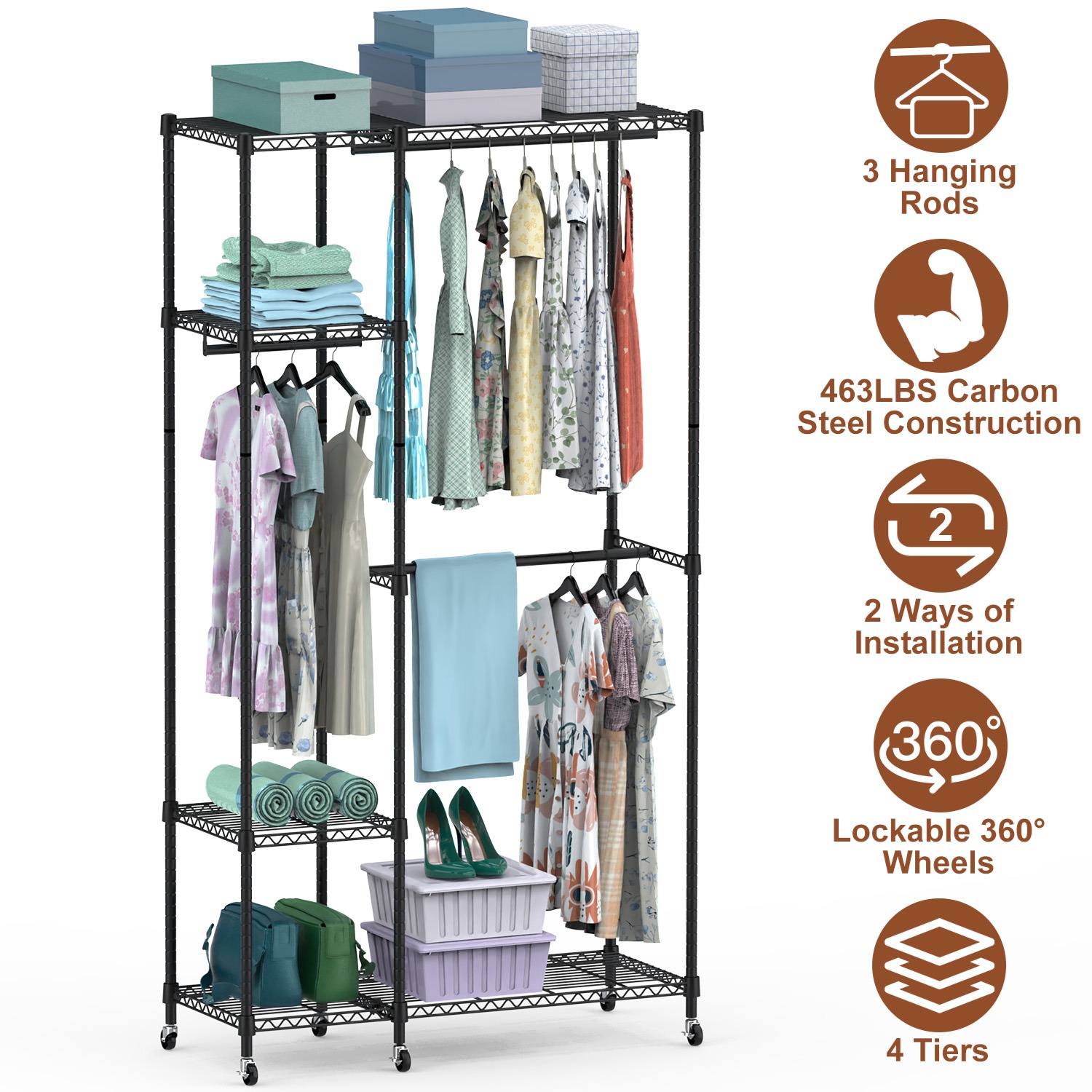 4 Tier Heavy Duty Garment Rack with Wheels Carbon Steel Clothing Rack Portable Wardrobe Clothes Rack with 3 Hanging Rods 6 Footrests 44.9x17.13x77.95i thumbnail 2